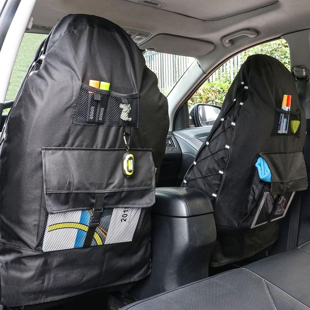 TIROL Waterproof Front Seat Covers High Back Front Seat Cover Universal Black Seat Protectors with Multi-Pockets Organizer for Storage (Pack of 2)