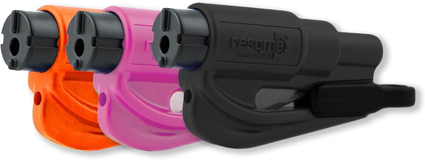 resqme The Original Emergency Keychain Car Escape Tool, 2-in-1 Seatbelt Cutter and Window Breaker, Made in USA, Family Pack of 3, Black, Blue, Yellow - Compact Emergency Hammer