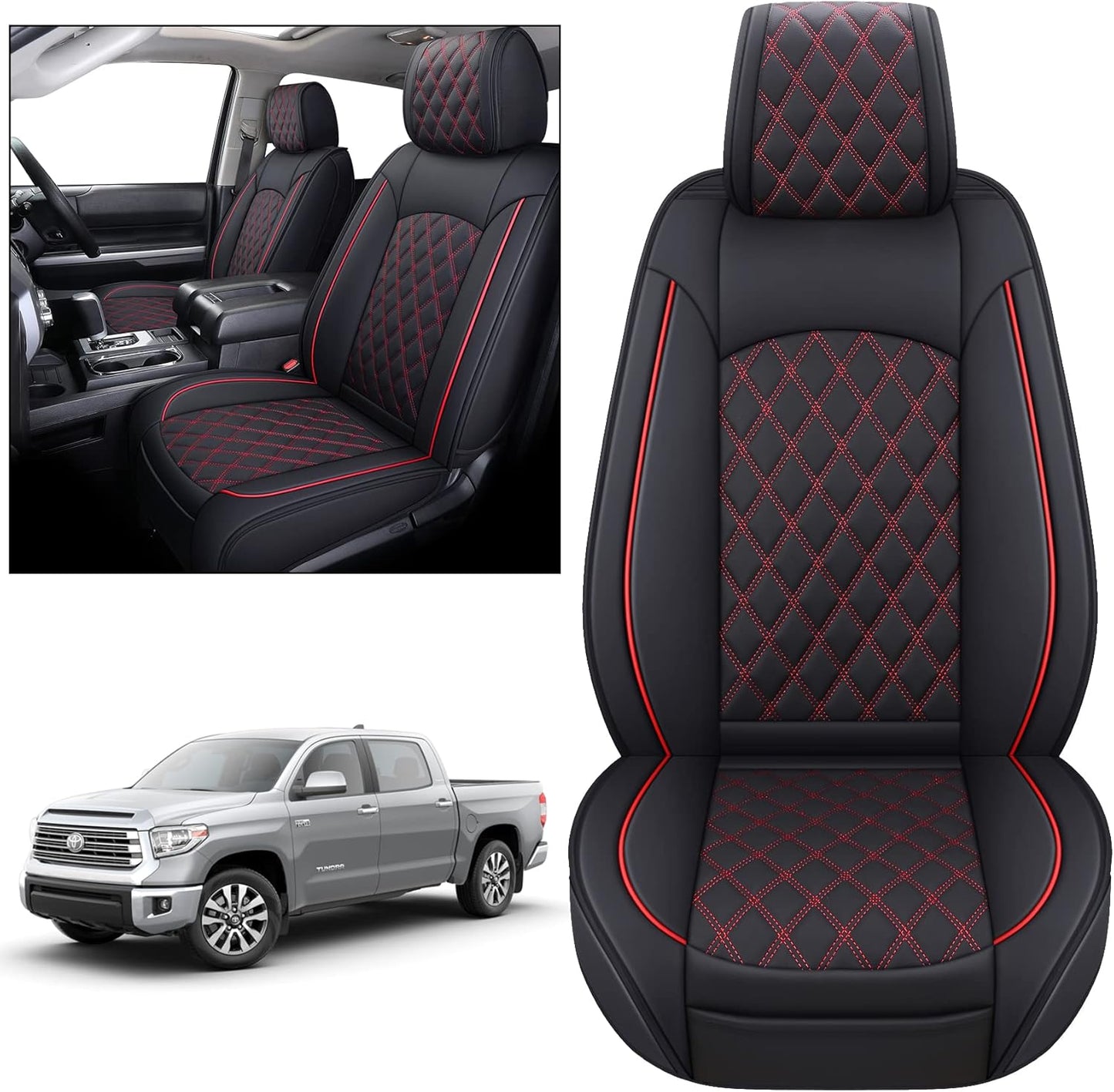 YIERTAI Seat Covers Compatible with 2008-2022 2023 2024 2025 Toyota Tundra Crewmax Double Extended Cab Regular Cab Pickup Waterproof Leather(2 PCS Front/Black-White)