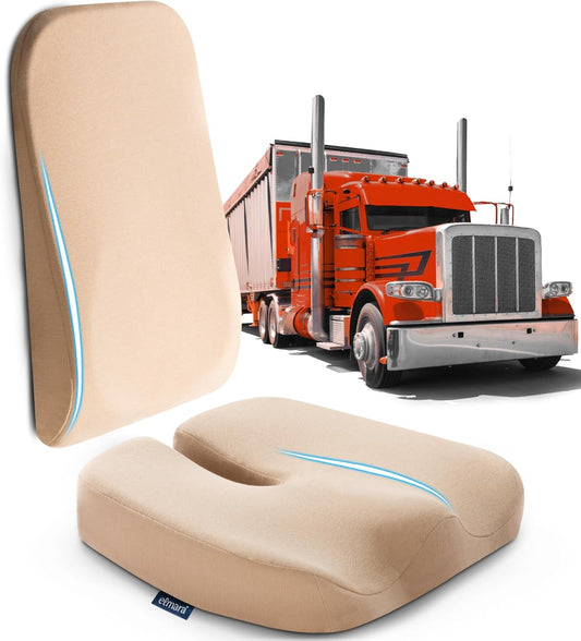 Elmara Truck Driver Seat Cushion & Back Support (2-Piece Set) – Semi Truck Seat Cushion for Back Pain, Seat Cushion for Truck Driver, Truck Driver Accessories, 18 Wheeler Truck Accessories (Cream)