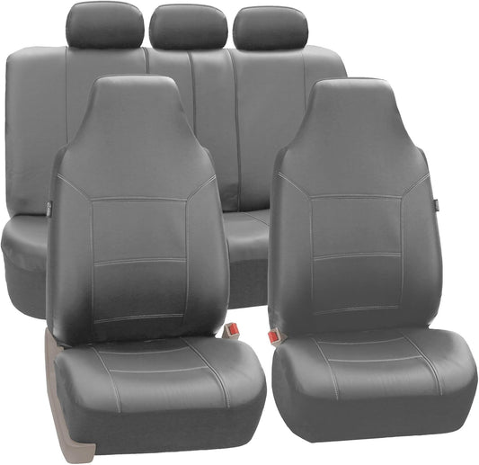 FH Group Car Seat Covers Full Set PU Leather - Universal Fit, Automotive Seat Covers, 1-Piece Front Seat Covers, Airbag Compatible, Split Bench Rear Seat Cover, Car Seat Cover for SUV Solid Gray