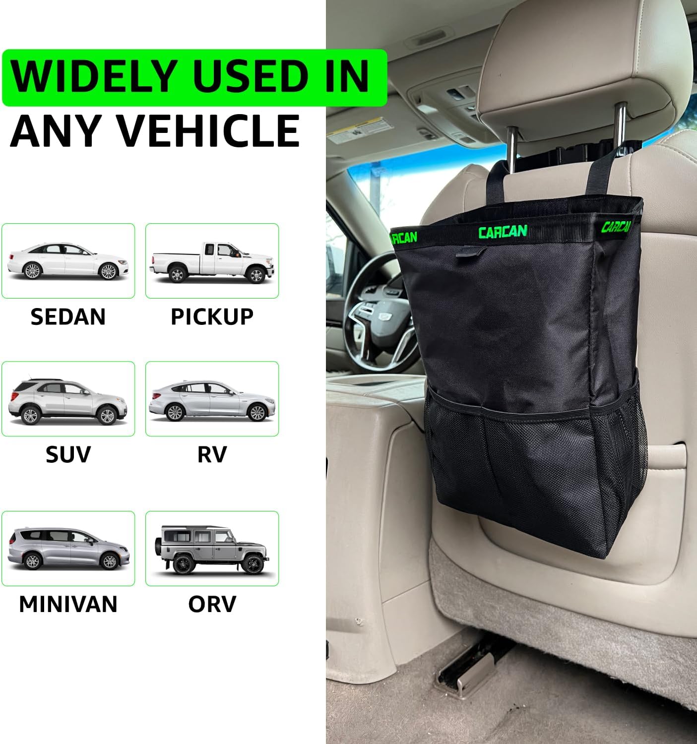 CarCan The Original 3 in 1 Hanging Car Trash Can for Back Seat, Cooler & Storage Bag – Metal Framed, Washable & Reusable Car Trash Bin with 3 Pockets (Pack of 5)