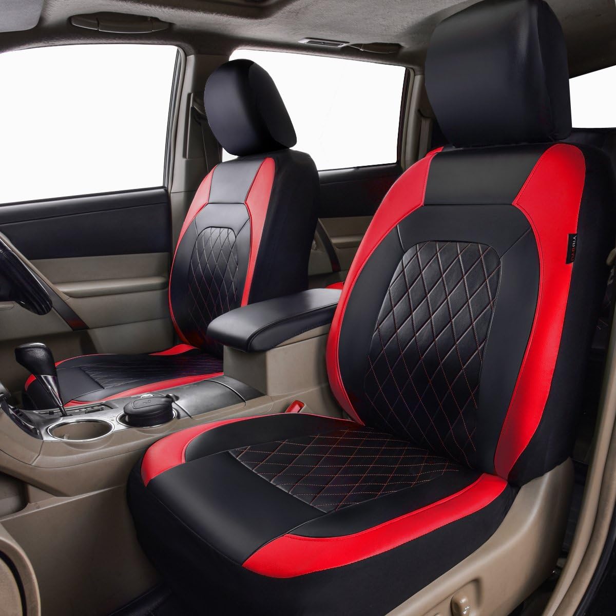 Horse Kingdom Universal Deluxe Pu Luxury Vinyl Car Seat Covers Full Set, Airbag Compatible, Breathable, Fit for Cars, Trucks, SUVs(Black with Red)
