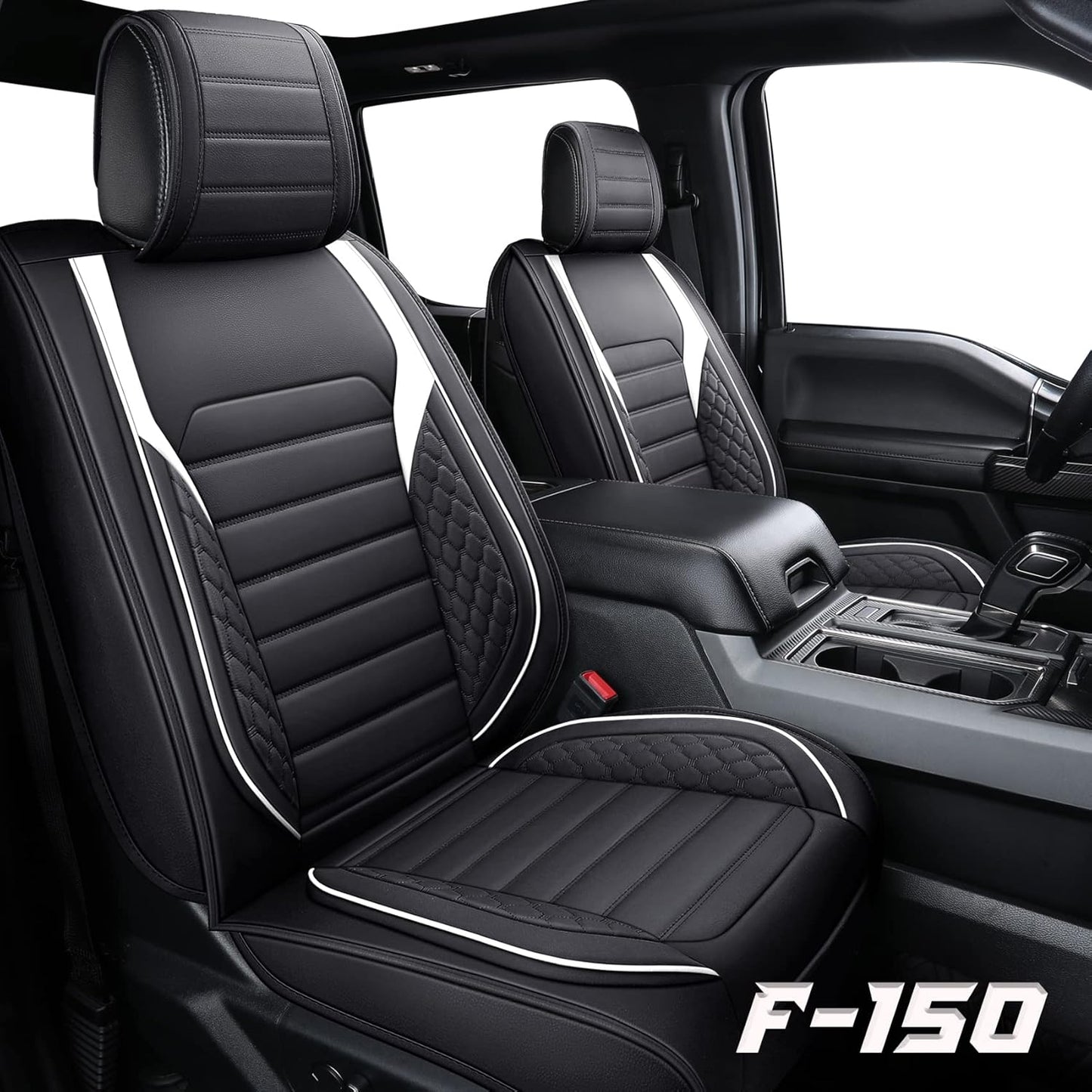 YIERTAI Seat Covers Compatible with Ford F150 for 2009-2023 2024 2025 F-150 2017-2025 F250 F350 F450 King Ranch Supercrew Crew Cab Limited Lariat Truck Leather TSWKM Style(2 PCS Front/Black-White)