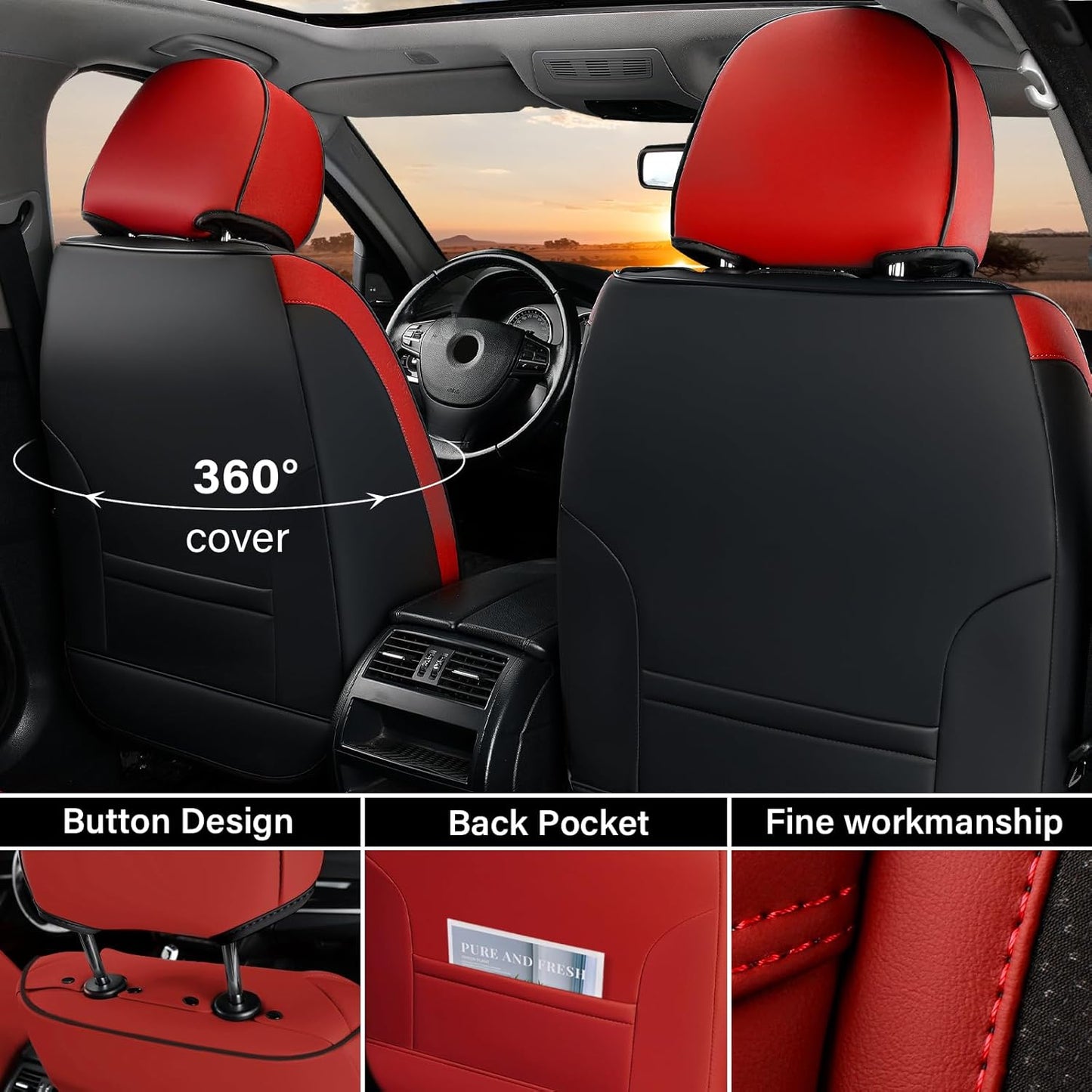 Coverado Car Seat Cover, Front Seat Cover, 2PCS Car Seat Protector, Seat Covers for Cars, Breathable Faux Leather Car Seat Cushion, Car Seat Protector, Red Car Seat Covers Winter Fit for Most Vehicles
