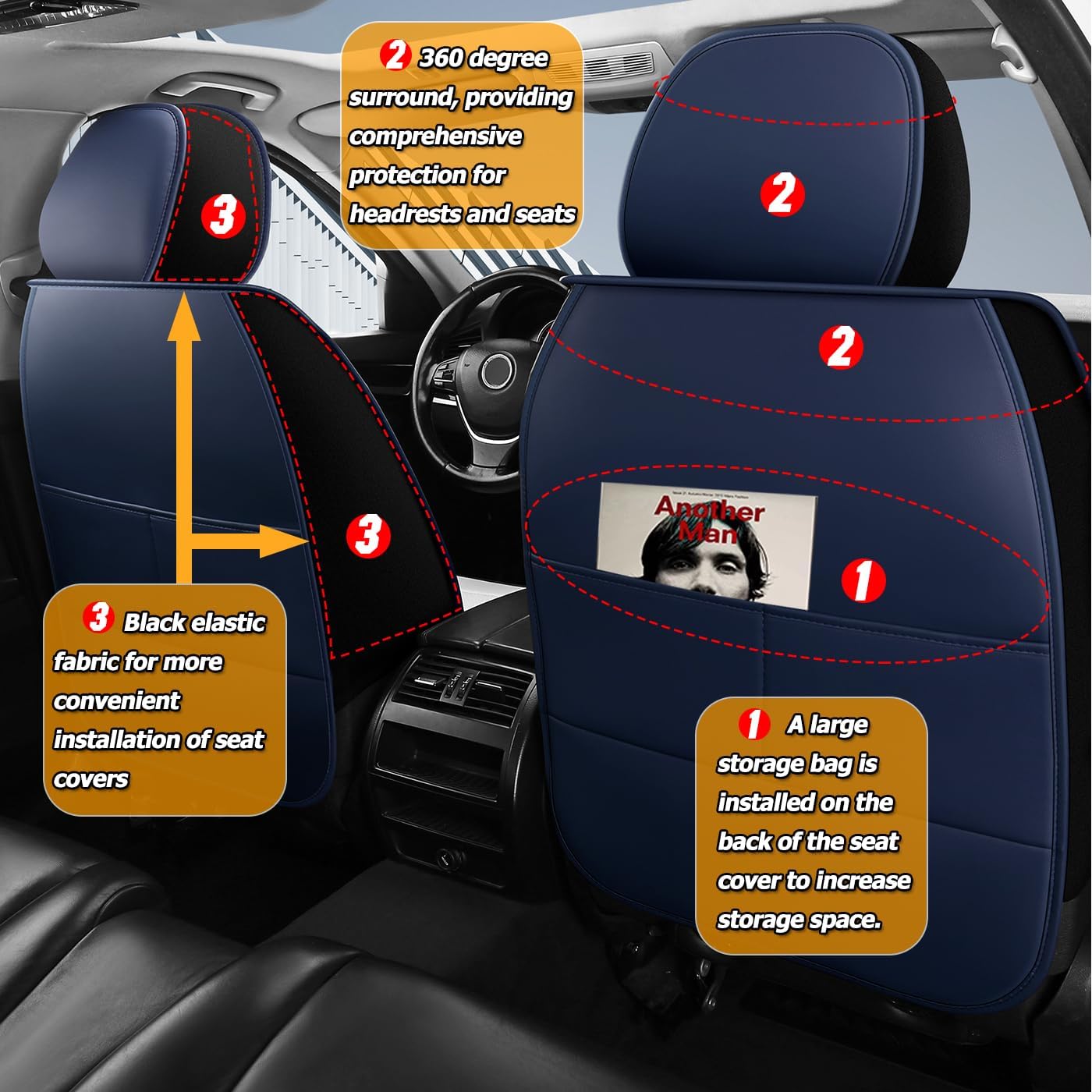 QUYDDC Car Seat Covers Full Set 3D Foam Back Support, 2 Front Seats Universal Fit for Most Trucks,Sedan and SUVs, Waterproof PU Leather Super Breathable, Storage Bags, All Season, Red +White