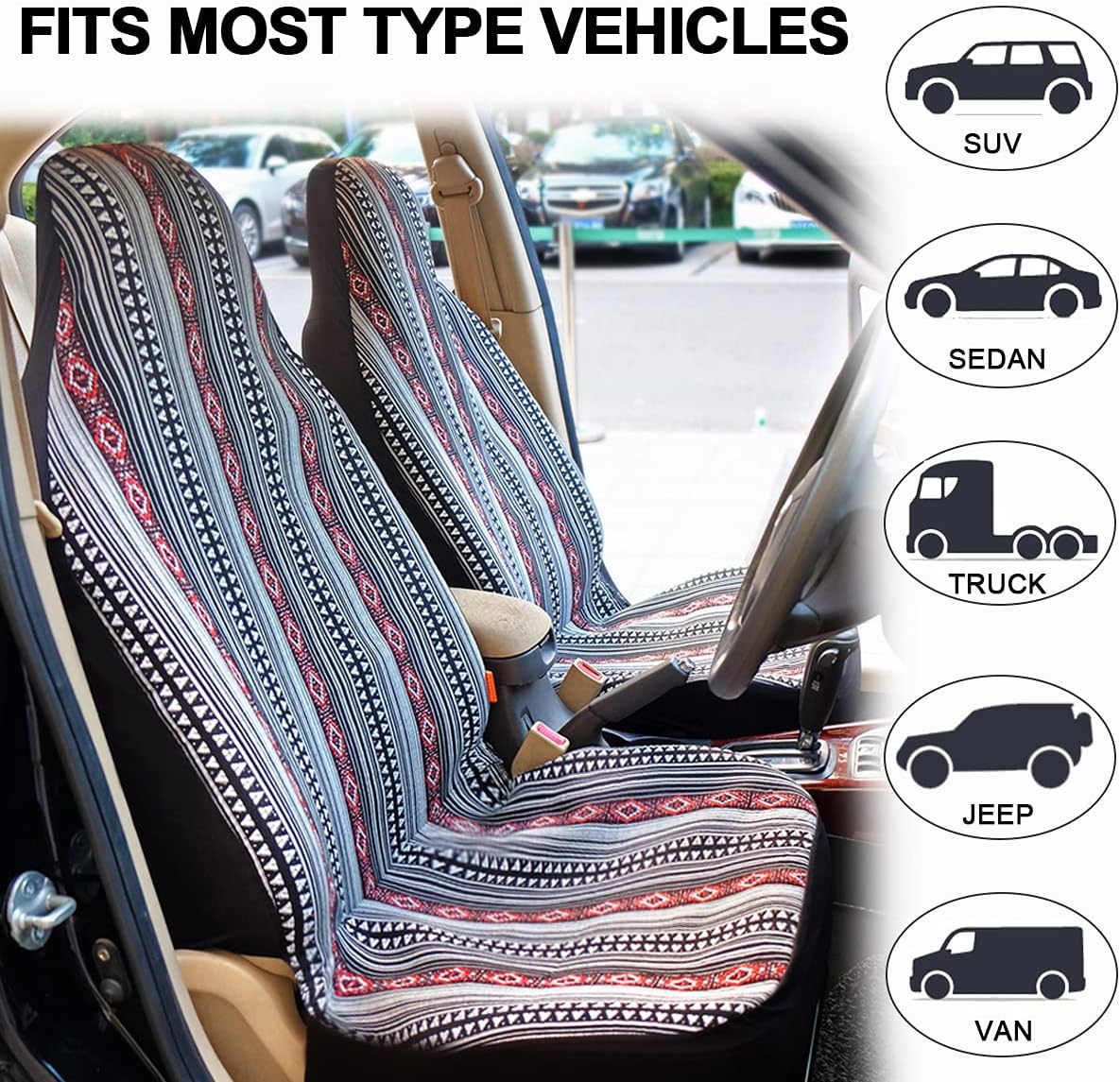 INFANZIA Full Set Seat Covers for Cars with 15'' Steering Wheel Cover & Seat Belt Pads Universal Fit Most Car, Truck, SUV, or Van - 10PCS, Black/Red