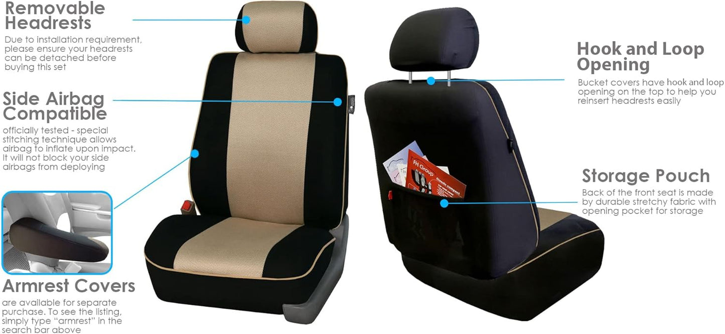 FH Group Car Seat Covers Three Row 8 Seater Cloth Car Seat Covers with Piping (Airbag and Split Ready) - Universal Fit for Cars Trucks & SUVs Beige/Black
