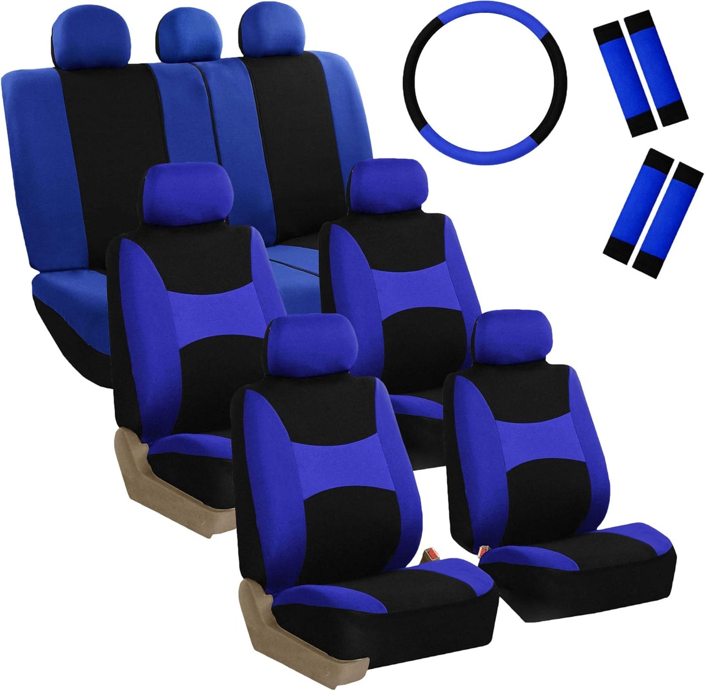 FH Group Light & Breezy Cloth Car Seat Covers, 7 Seater Three Row Set- Airbag & Split Ready -Universal for Cars Trucks and SUVs Beige/Black