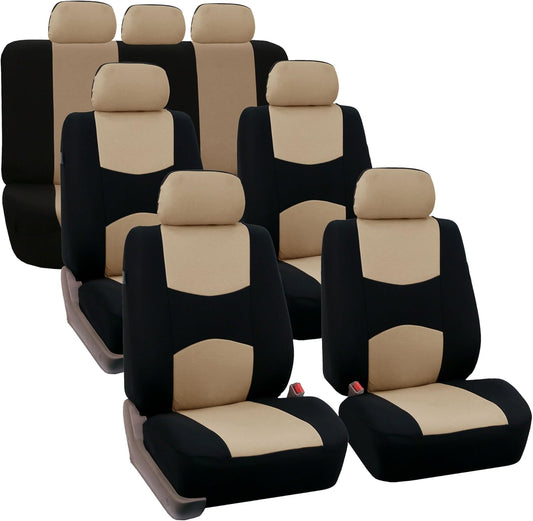 FH Group Flat Cloth Full Set Car Seat Covers Three Row 7 Passenger Set - Universal Fit for Cars, Trucks & SUVs (Beige) FB050217