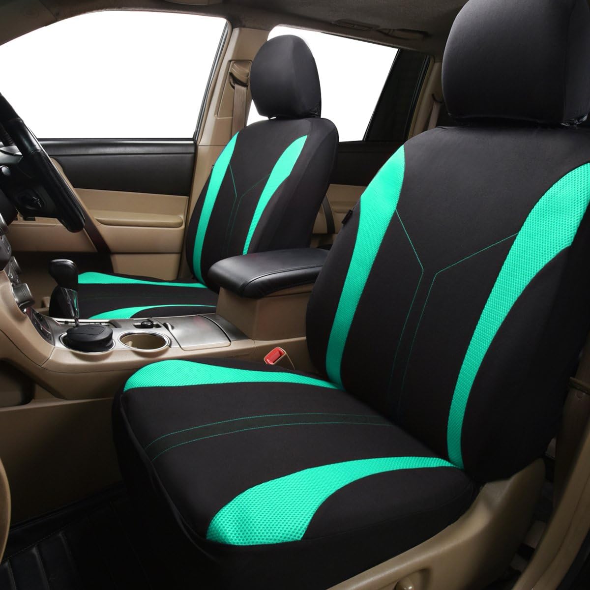 Flying Banner Car Seat Covers Front Seats and Rear Bench Air Mesh Fabric Rear Bench Split Polyester Easy Installation SUV CAR Woman Lady Femal (Black Mint Green, Full Set)