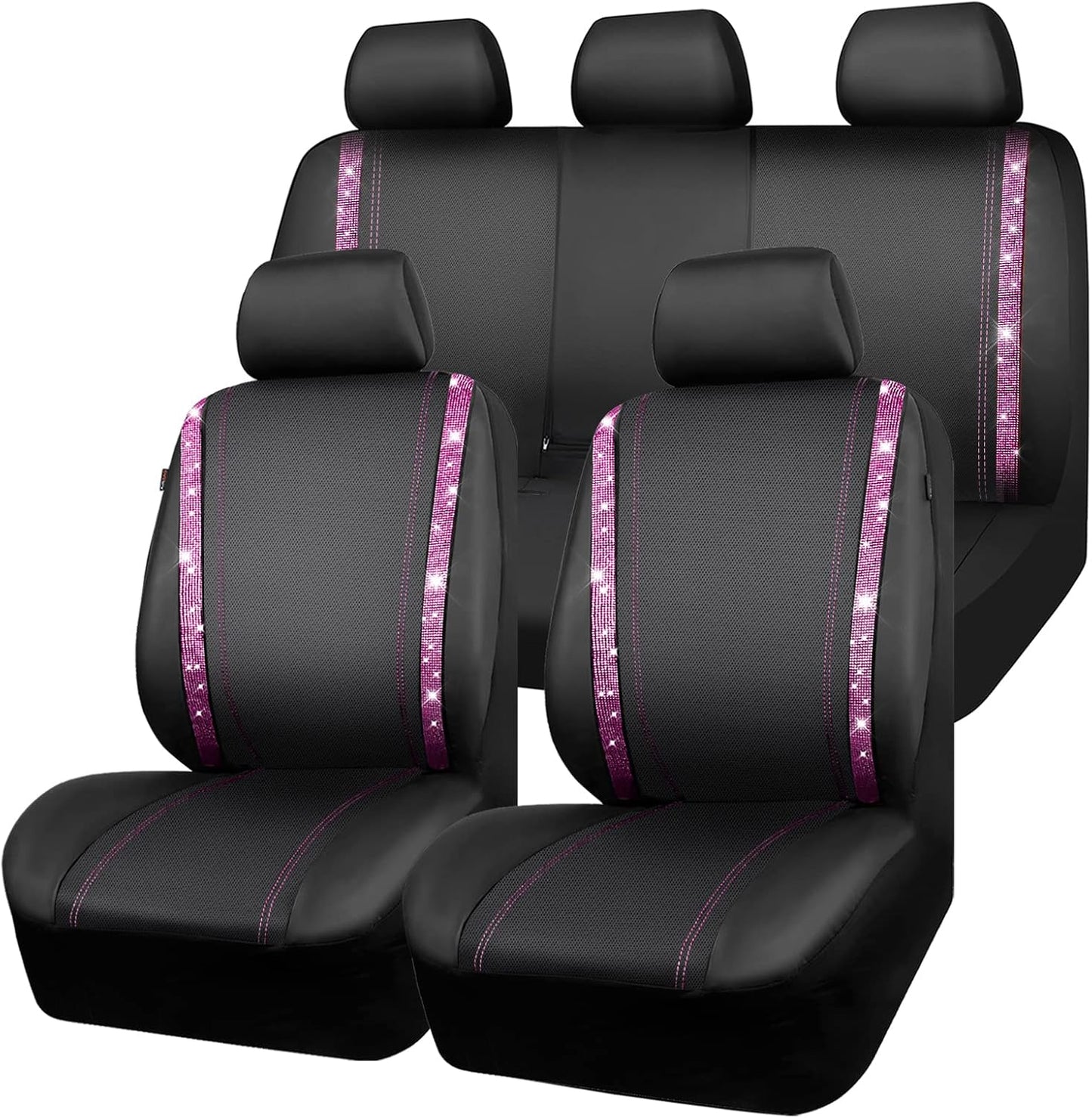 CAR PASS Bling Car Seat Covers Full Set, Shining Glitter Rhinestone Diamond Waterproof Faux Leather Interior Sets Universal Fit Automotive Glitter Crystal Sparkle Strips for Cute Women Girl, Beige