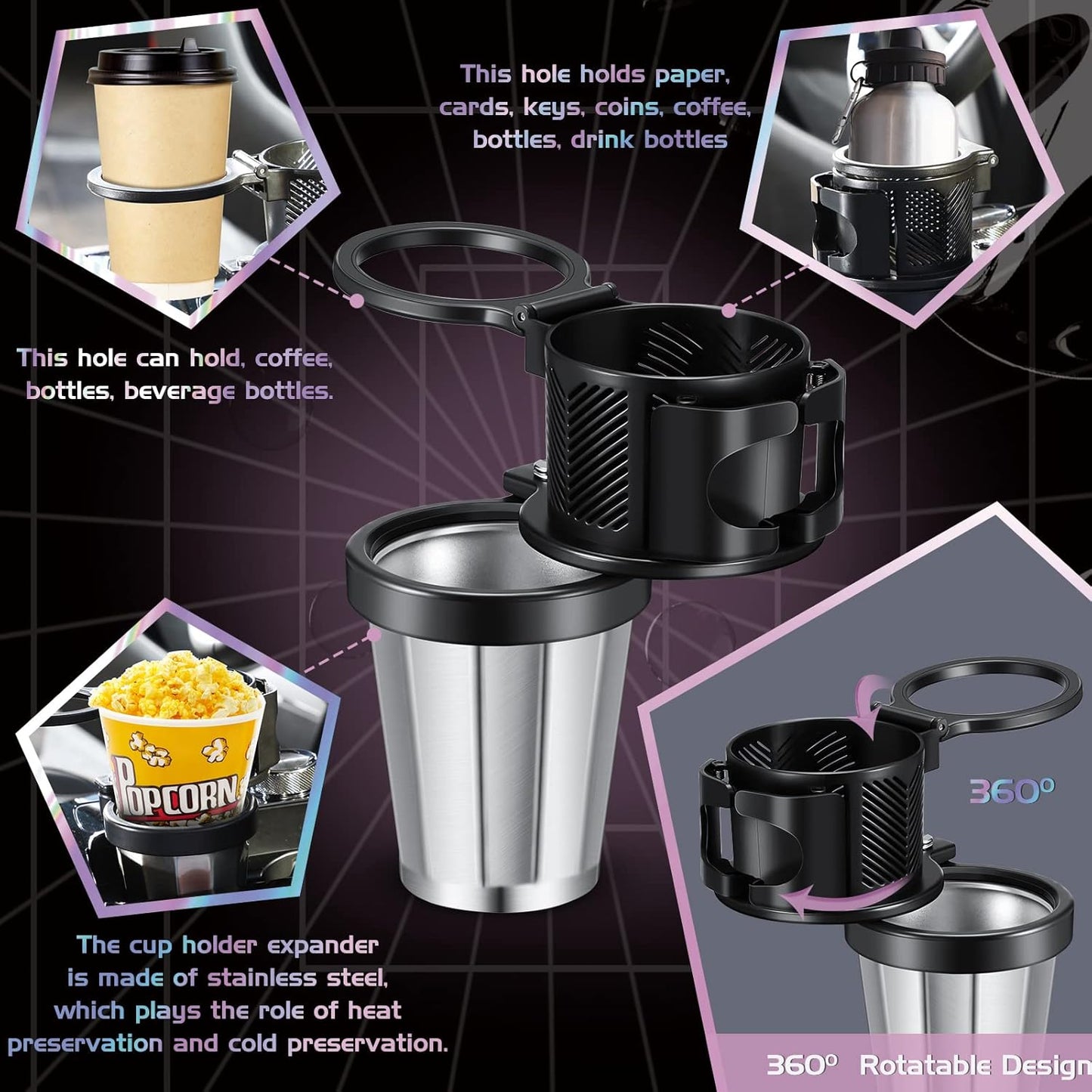 Frienda Car Cup Holder Expander for Car with Cell Phone Stand, Multifunctional Car Cup Holder Adapter for Multiple Cups and Bottles Trash Can Portable Garbage Bin Collapsible, Black