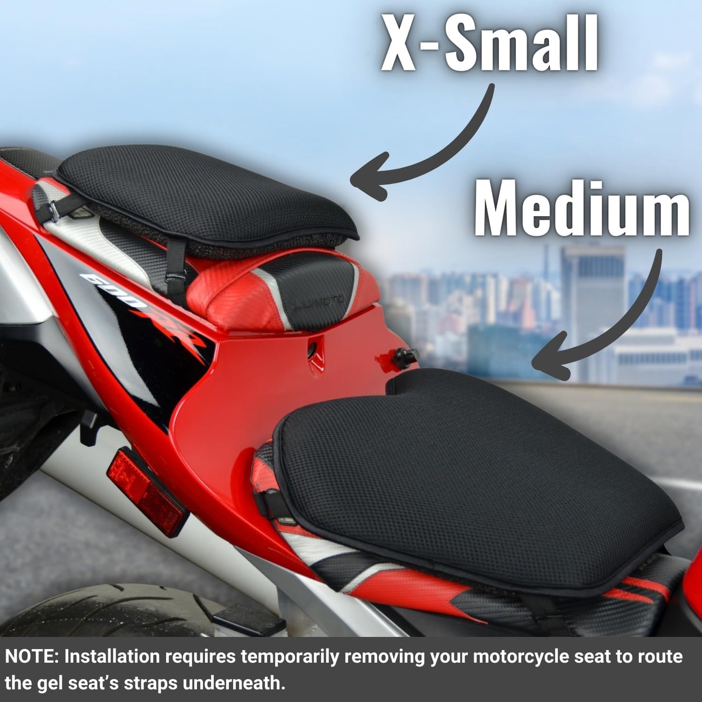 GEARS X-Tender Motorcycle Gel Seat Pad for Main Rider Seat Comfort on Standard Motorcycles, Sportbikes, Hyperbikes & Street Bikes | Shock Absorbing Cushion for Long Rides, Easy Install (Medium)