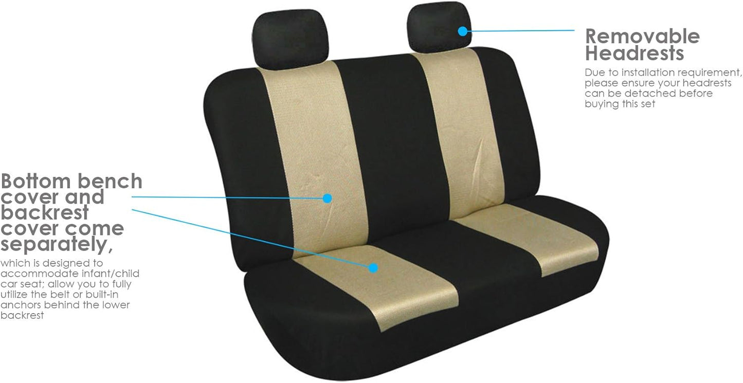 FH Group Fabric Fish Net Stitching Seat Covers W. 2 Rear Headrests and Solid Bench