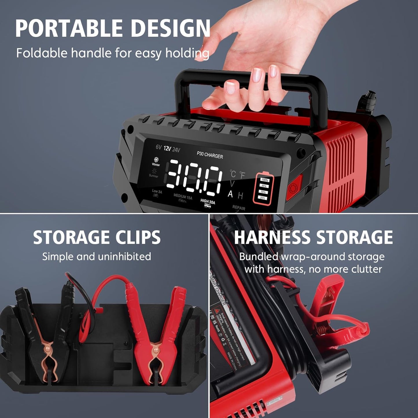 30-Amp Car Battery Charger, 6V/12V/24V Smart Automatic Automotive Battery Maintainer, Trickle Charger for Car, Motorcycle, Boat, Lead-Acid, Lithium, LiFePo4 Batteries