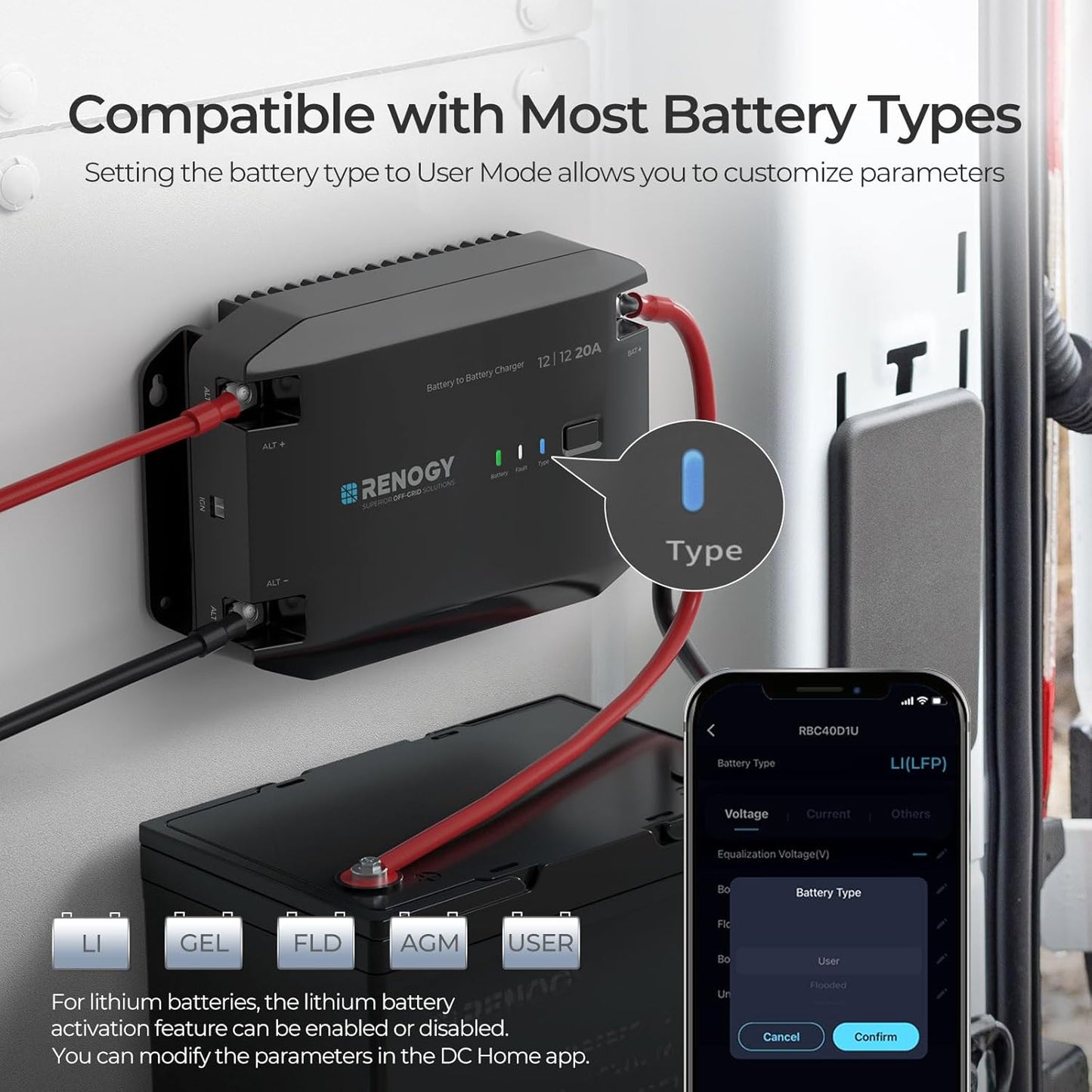 RENOGY 12V 20A DC to DC Battery Charger, for AGM, Gel, Flooded and Lithium Battery