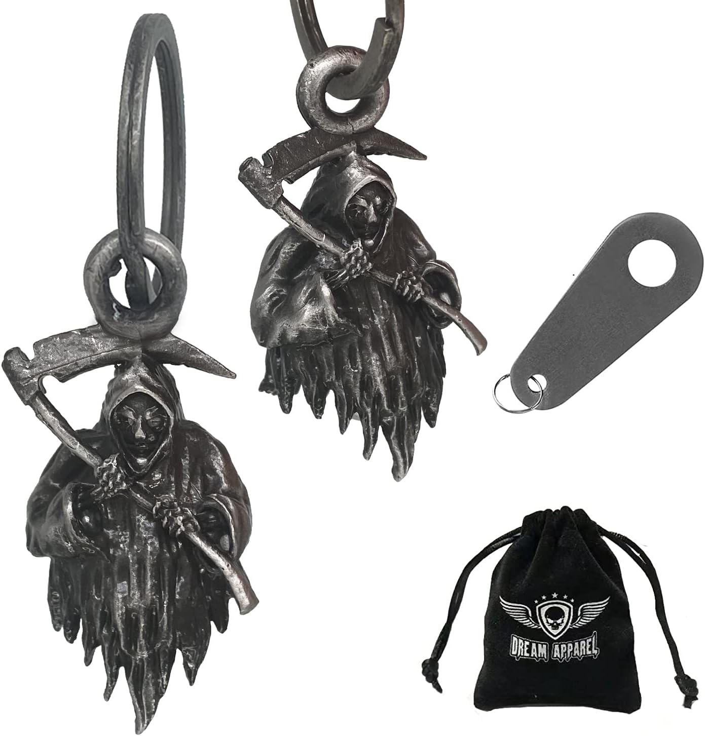 【2Pack】Motorcycle Bells for Biker Good Luck Guardian Riding Bells with Hanger Motorcycle Accessory or Keychain for Luck, Grim Reaper*2, Medium