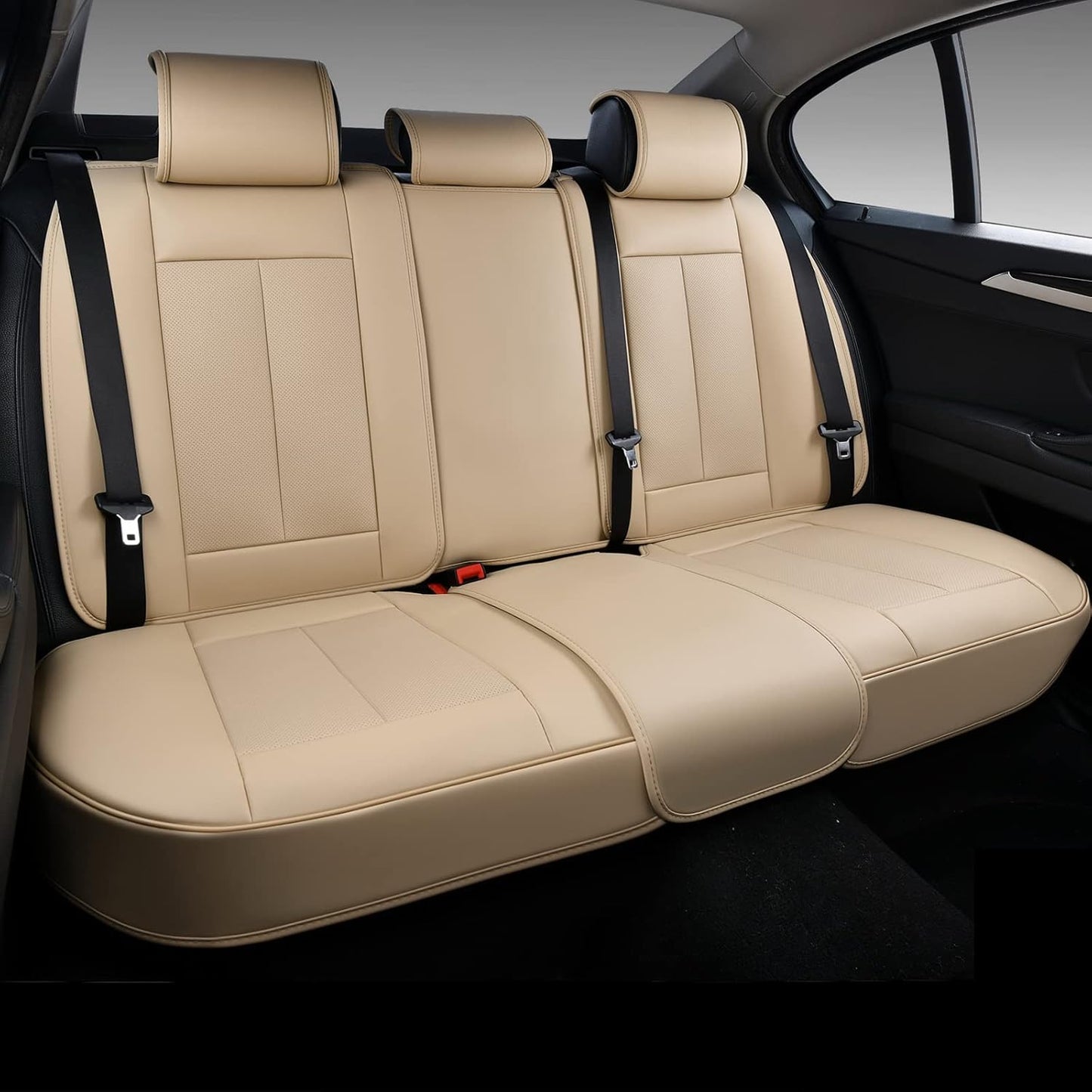 Coverado Back Seat Covers, Waterproof Nappa Leather Auto Rear Seat Cushions Protective Car Accessories, 3-Pieces -Adjusted Universal Fit for Most Sedans SUV Pick-up Truck, Beige