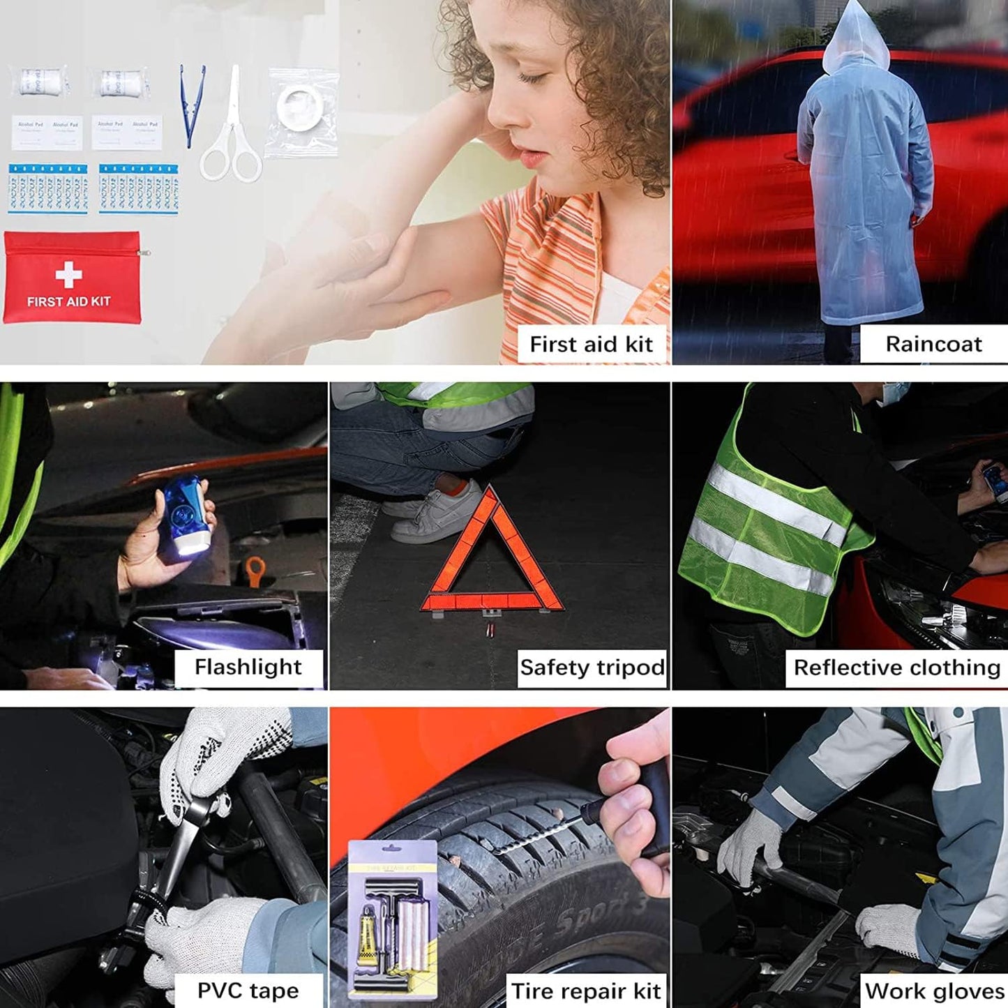 Atcuji Auto Emergency Kit Set - Vehicle Roadside Assistance - Jumper Cables, Tow Rope, Safety Hammer & More - Compact Car Tool Bag - Multi-Purpose Emergency Pack