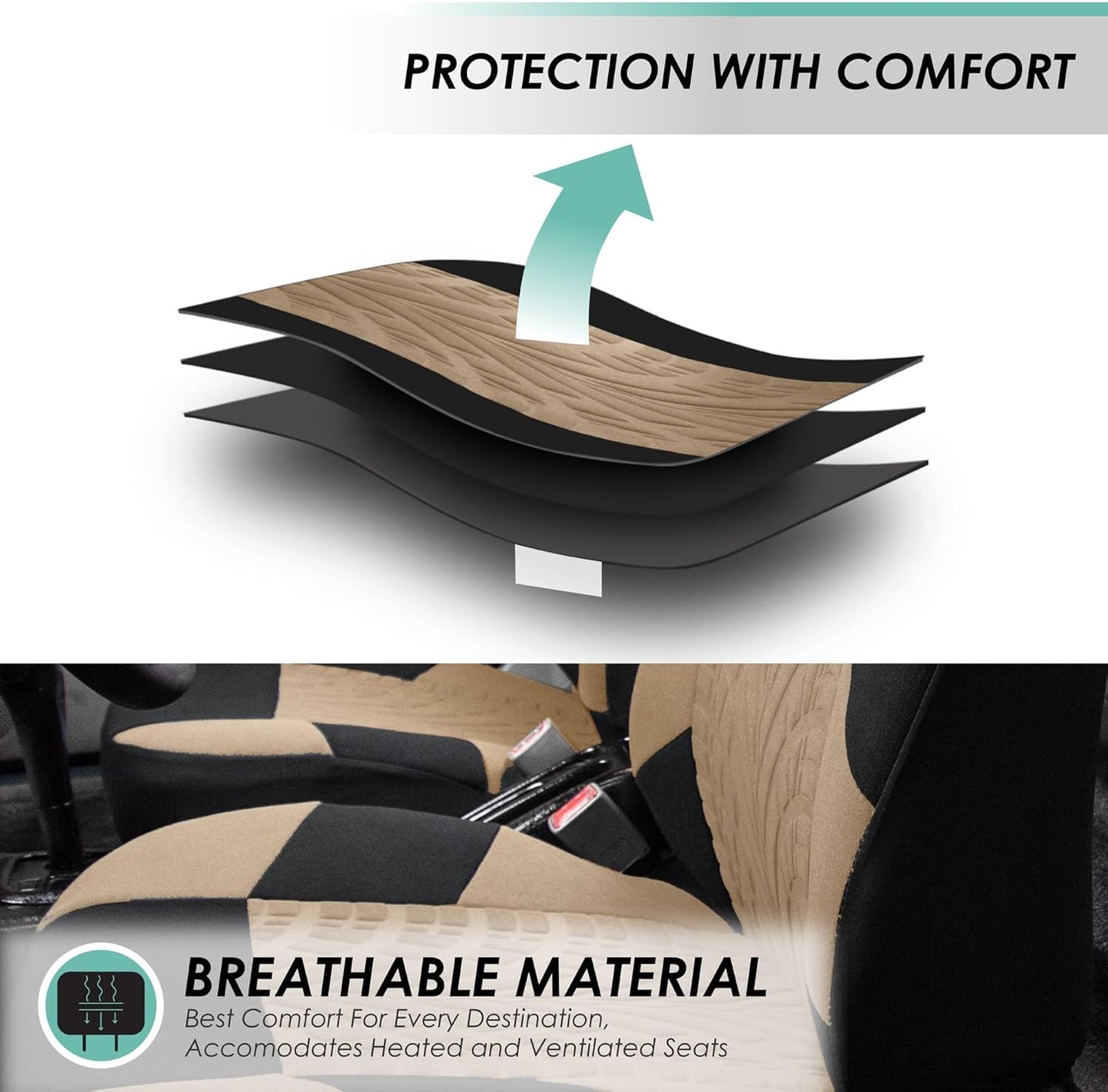 FH Group Car Seat Covers Interior Full Set Accessories Travel Master Car Accessories for Cars Vans Trucks and SUV - Airbag and Split Rear Beige Combo One Steering Wheel Cover, & Four Seat Belt Pads