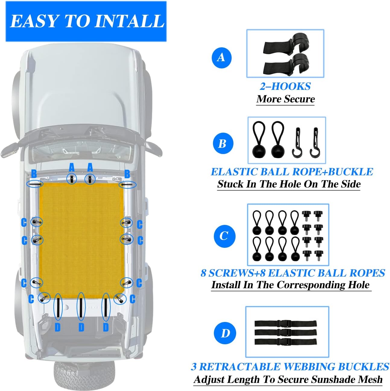 ROMASO Sunshade fit for Bronco 2021 2022 4-Door,Sun Shade Mesh Top for Ford Bronco,Heavy Duty Mesh Sunsahde Top(Yellow)