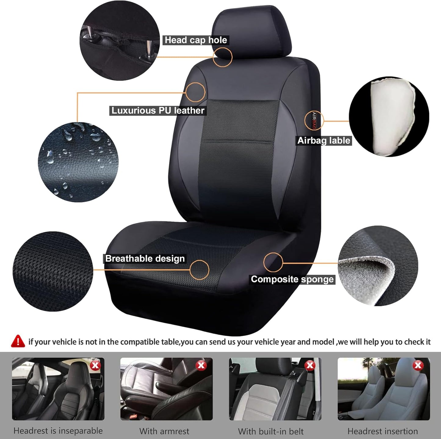 CAR PASS Luxurious PU Leather Automotive Universal Seat Covers Full Set for Vehicles,Cars,SUV,with Super 5mm Composite Sponge Inside,Airbag Compatible (Black and Black)