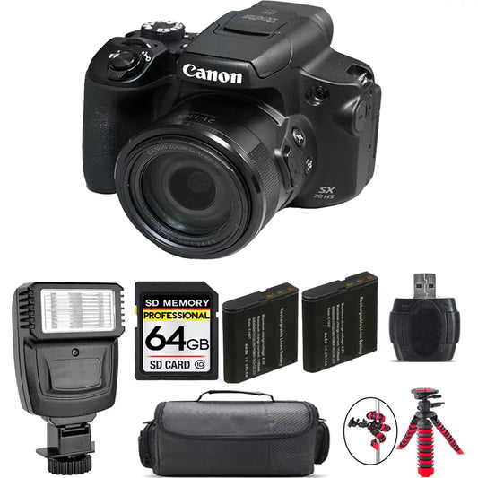 Canon PowerShot SX70 HS Digital Camera + Extra Battery + Flash - 64GB Kit