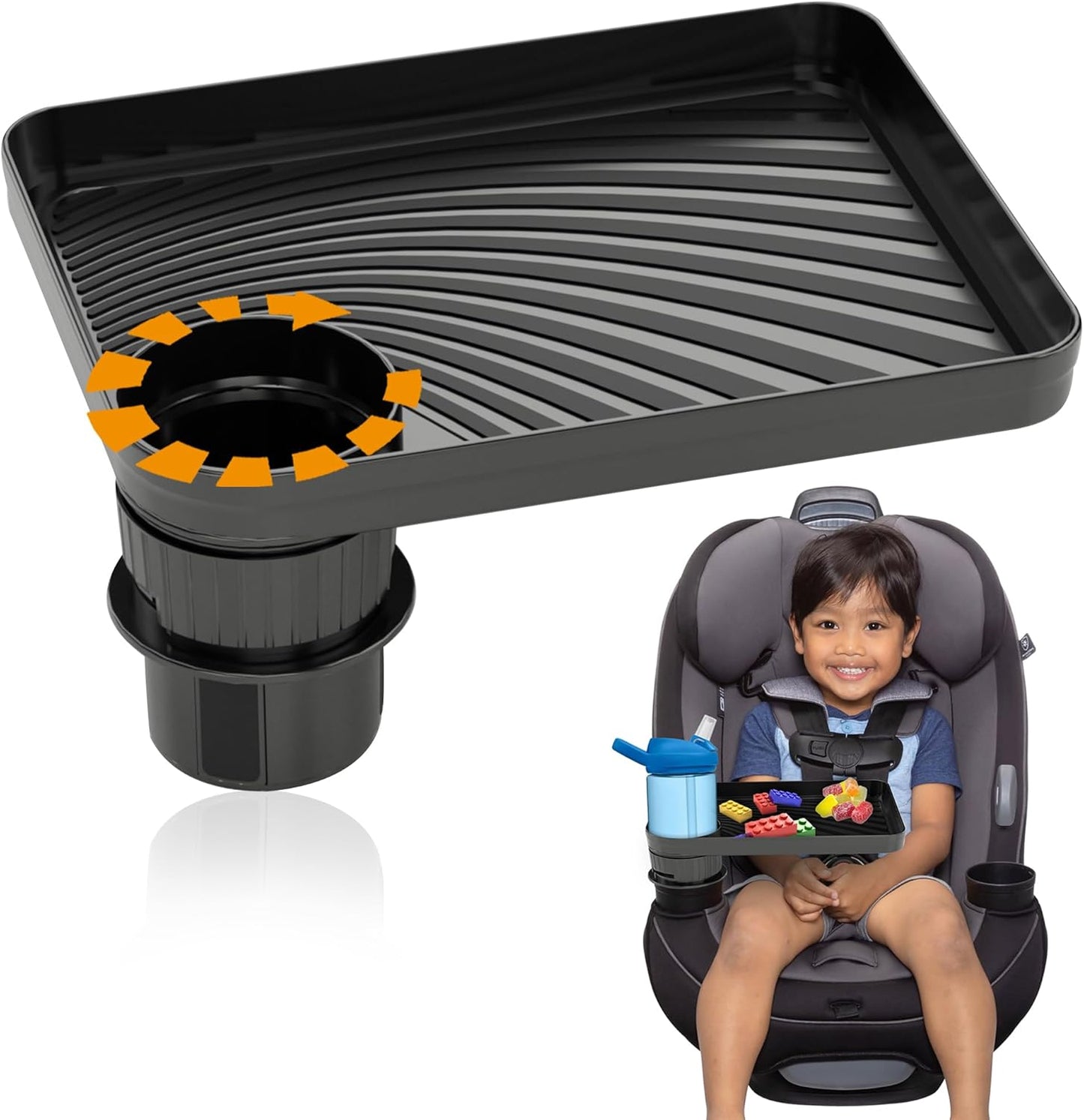SEVEN SPARTA Car Seat Cup Holder Snack Tray for Kid Toddler Travel With Expandable Base, Rotatable and Removable Food Tray for Kids Car Seat Accessories