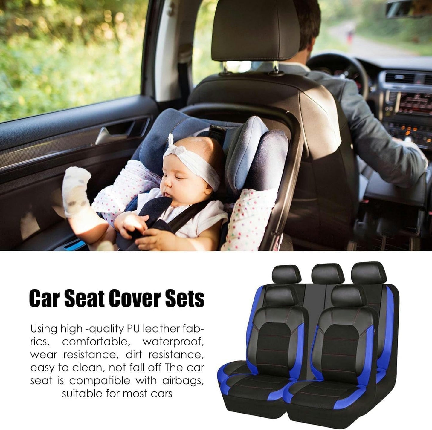 Car Seat Cover for Dodge RAM 1500 2000-2018 2019 2020 2021 2022 2023 2024, 9pcs Front Rear Full Surround Leather Seat Cover Sets Interior Protector Accessories,Blue