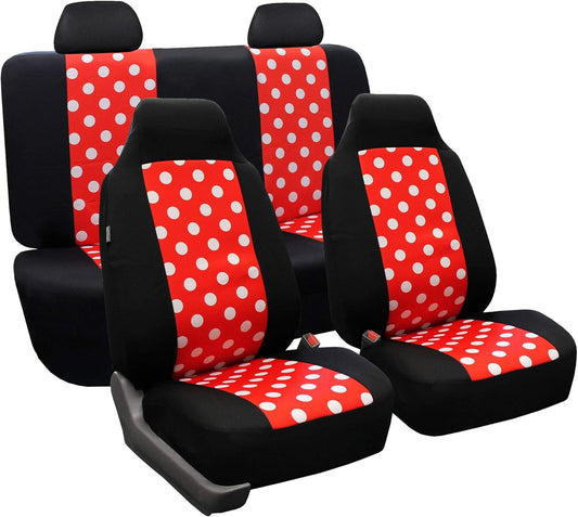 FH-FB115114 Red/Black Semi Customed Fit Solid Polka Dots Flat Cloth Auto Seat Covers Full Set