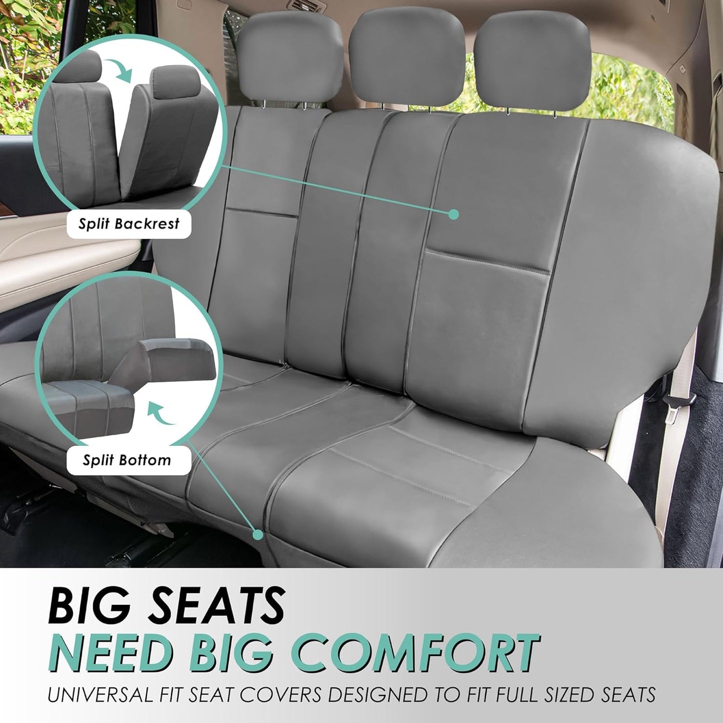 FH Group PU Leather 40/60, 60/40, 50/50 Split Bench Cover w. 3 Headrests Gray