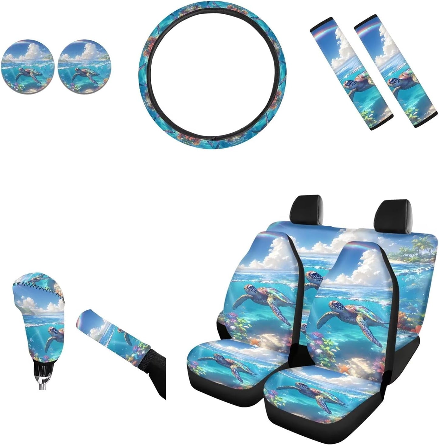 AFPANQZ Nebula Galaxy Car Seat Covers with Steering Wheel Cover, Seat Belt Shoulder Pads, Cup Holder Coasters, Gear Shift Knob and Handbrake Protector Cushion Full Set of 11 for Men Women Gift Navy