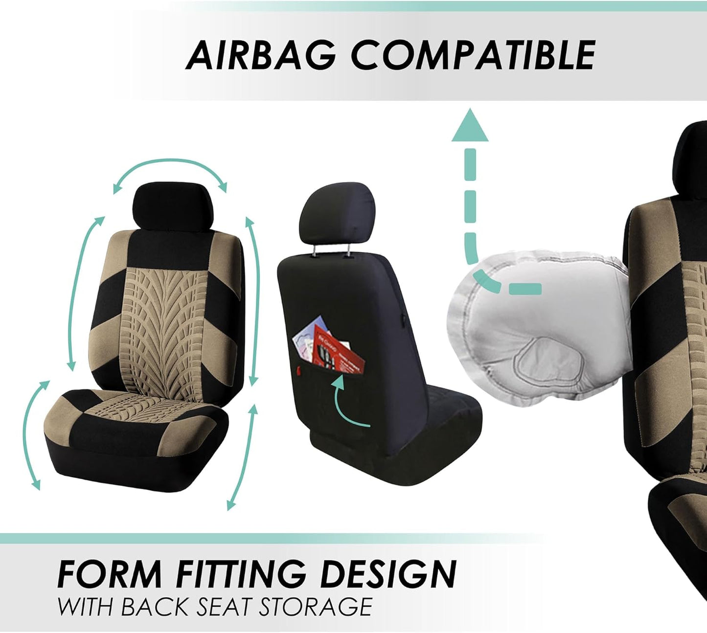 FH Group Car Seat Covers Interior Full Set Accessories Travel Master Car Accessories for Cars Vans Trucks and SUV - Airbag and Split Rear Beige Combo One Steering Wheel Cover, & Four Seat Belt Pads