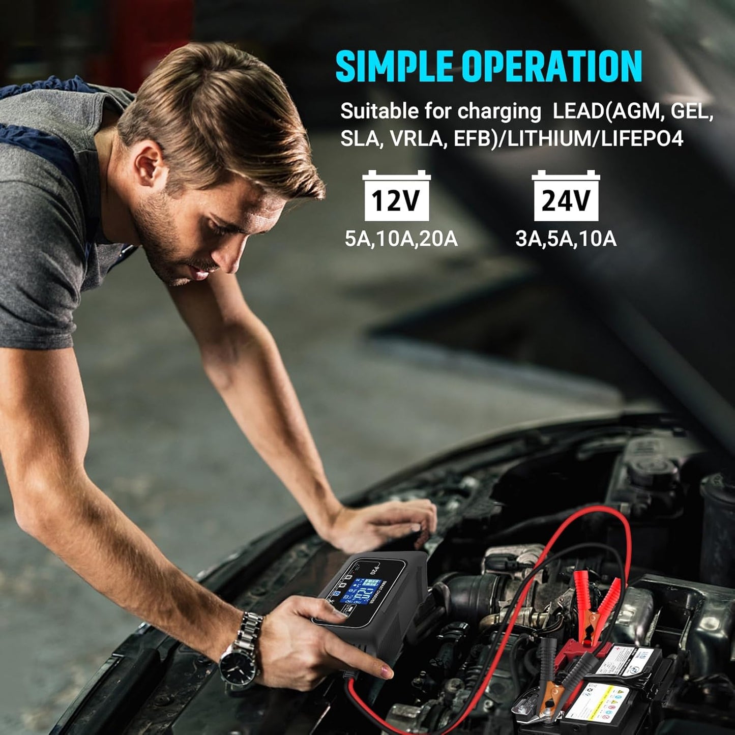 20-Amp Smart Battery Charger,12V/20A and 24V/10A.Lithium,Lifepo4,Lead-Acid(AGM/Gel/SLA..) Car Battery Charger,Trickle Charger, Maintainer/Pulse Repair Charger,for Car,Boat,Motorcycle, Lawn Mower