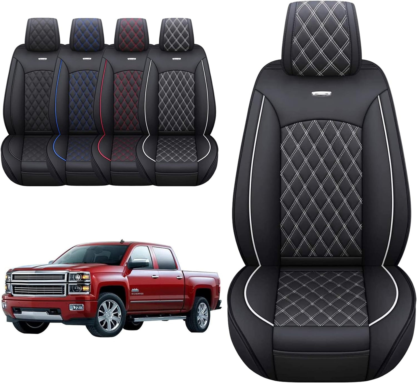 Aierxuan Chevy Silverado GMC Sierra Seat Covers Custom Fit 2007-2025 1500 2500HD 3500HD Crew Double Extended Cab Waterproof Leather Pickup Cushions(2 PCS Front, Black-White)