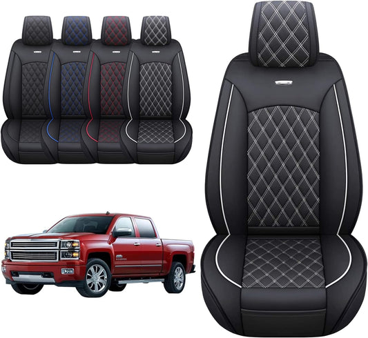 Aierxuan Chevy Silverado GMC Sierra Seat Covers Custom Fit 2007-2025 1500 2500HD 3500HD Crew Double Extended Cab Waterproof Leather Pickup Cushions(2 PCS Front, Black-White)