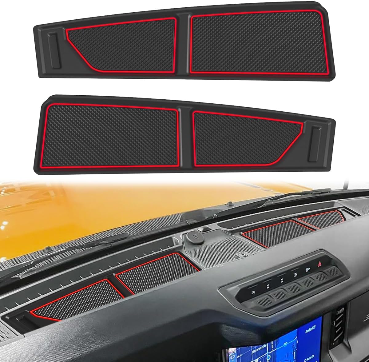Auovo Dash Cover Tray Compatible with Ford Bronco Accessories 2021 2022 2023 2024 2025 Anti-Slip Silicone Dashboard Compartments Mat fit Bronco 2/4-Door Interior Dash Pad Liners 3-pc Set (Black Trim)