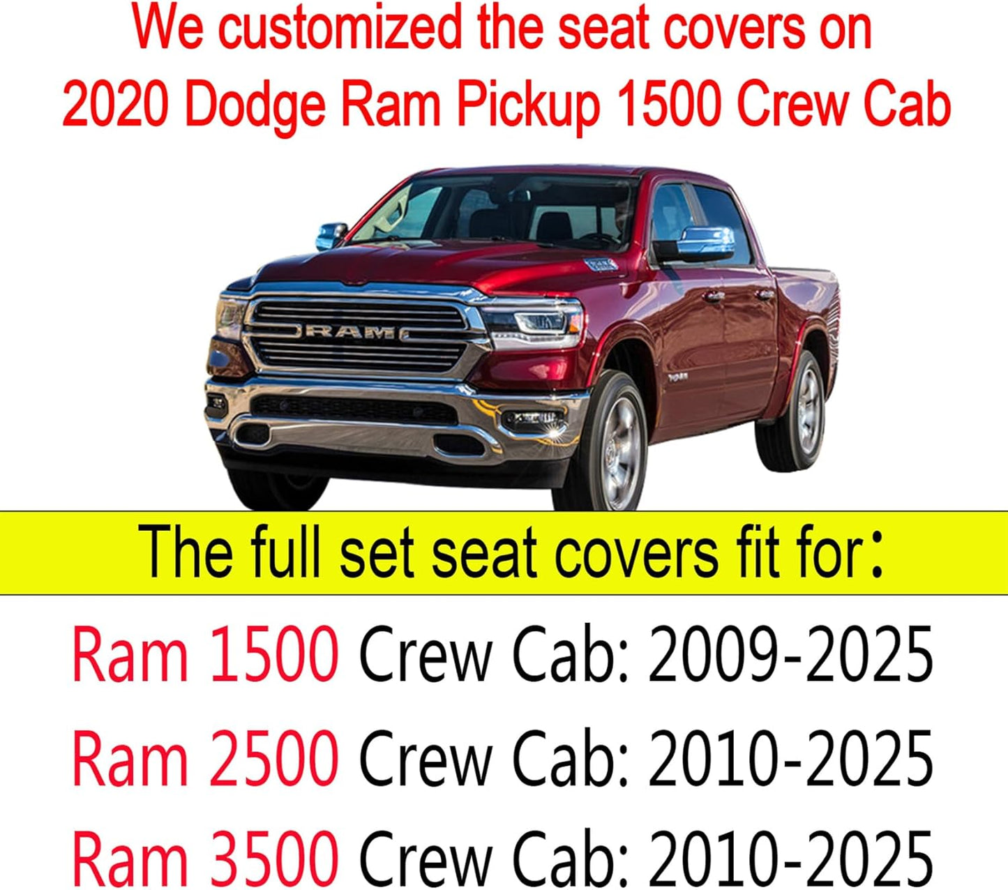YIERTAI Car Seat Covers Compatible with Dodge Ram Custom Fit 2009-2025 1500 2500 3500 Pickup Mega Cab Limited Longhorn Laramie Bighorn Waterproof Leather Seat Protectors, 2 PCS Front Black