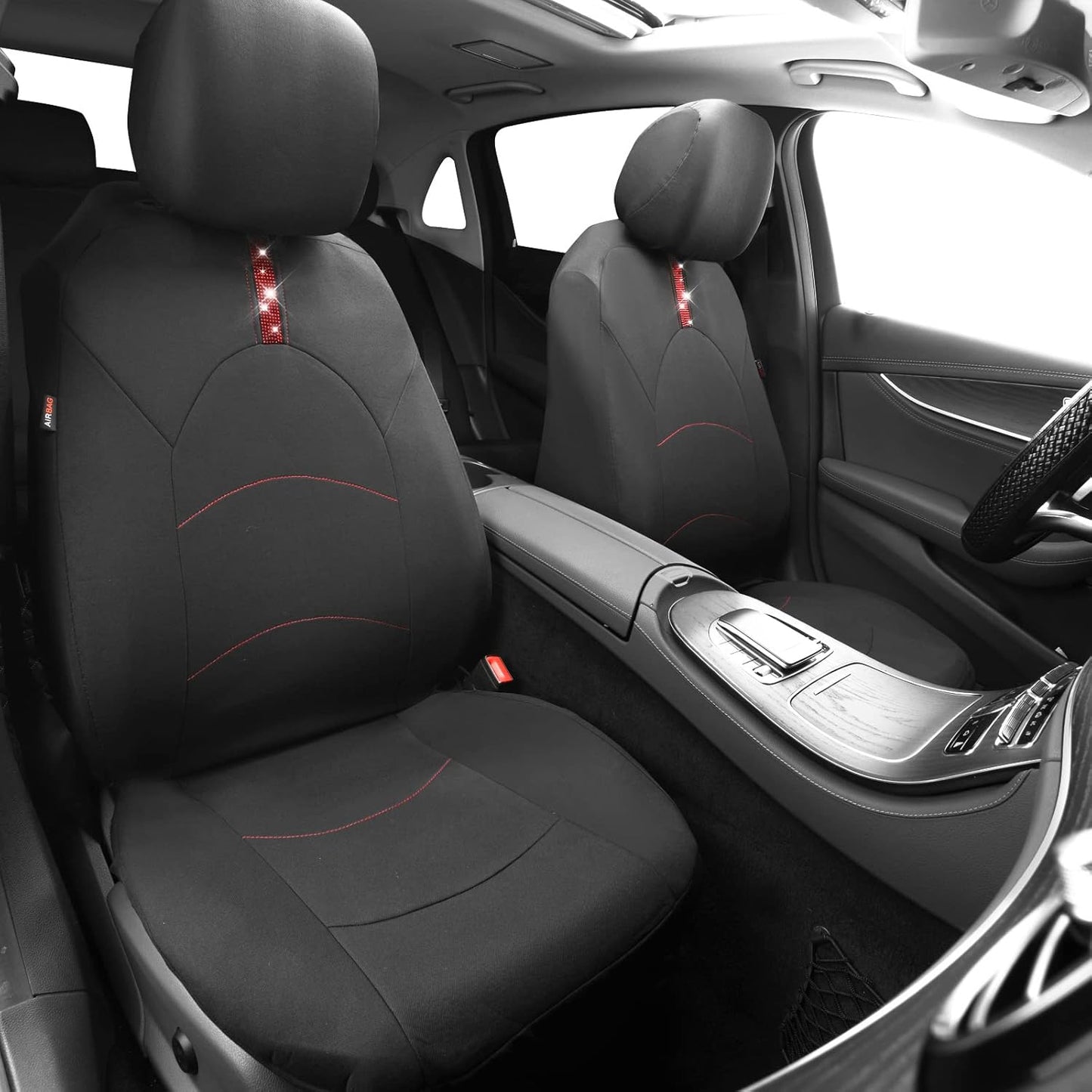 CAR Pass Universal Fit Cloth with Glorious Rhinestones Car Seat Covers Rear Split Bench Airbag Compatible Fit for Car, SUV, Sedan (Red, 9 Pieces)