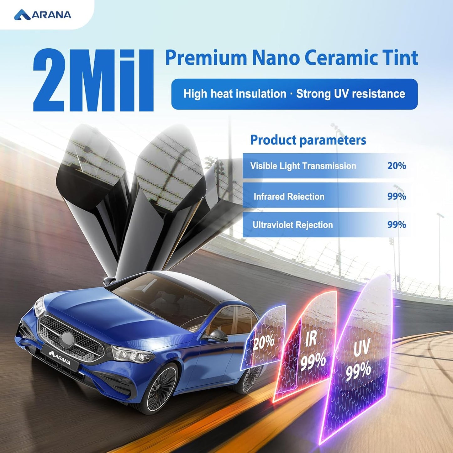ARANA Car Window Tint Film 20" in × 10FT, 20% Premium Nano Ceramic Window Tints Automotive Privacy Tinted Film for Car Trucks, Heat Control 99% UV/IR Rays Block HD Vision Anti Glare & Scratch