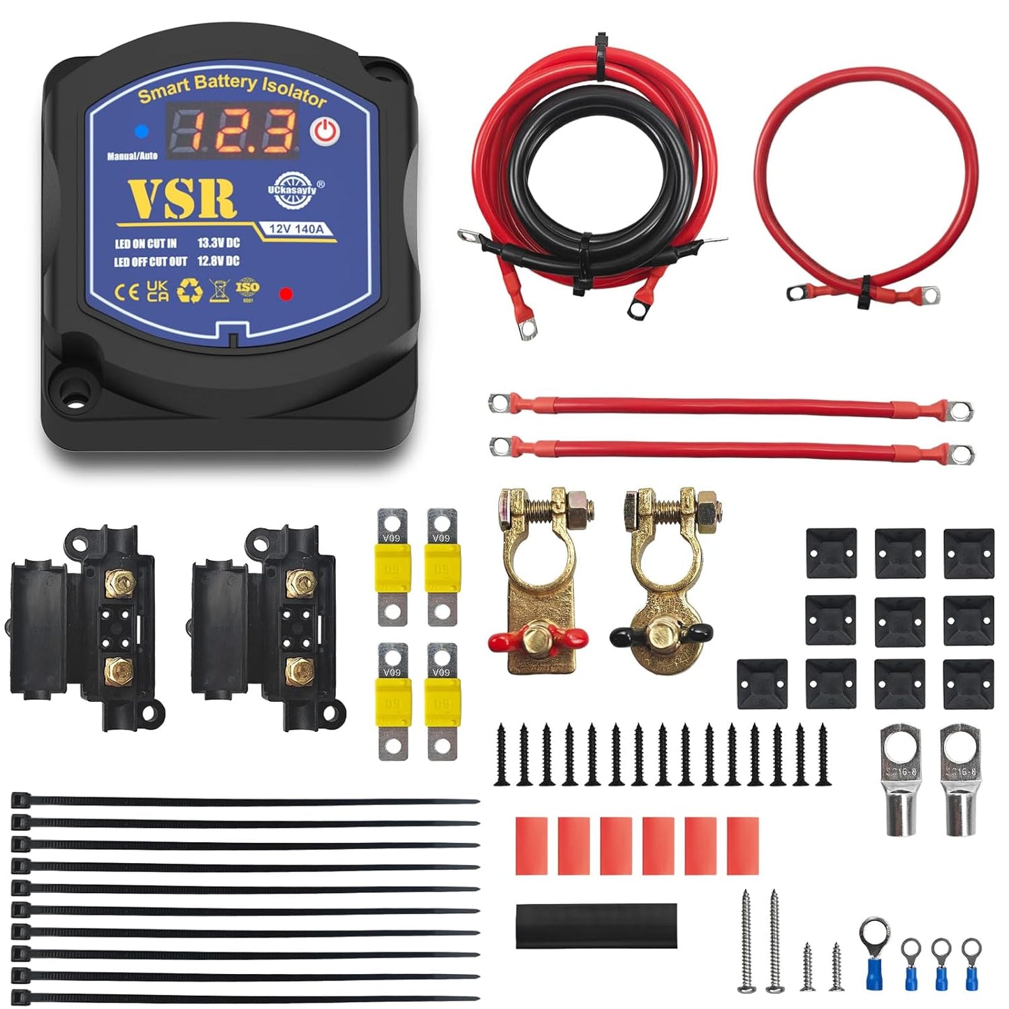 6M Dual Battery Isolator Kit 12V 140Amp, Voltage Sensitive Relay VSR,Compatible with RV Marine Car Vehicles Truck Caravan Off-Road Camper Yacht, Not Fit for Lithium Batteries