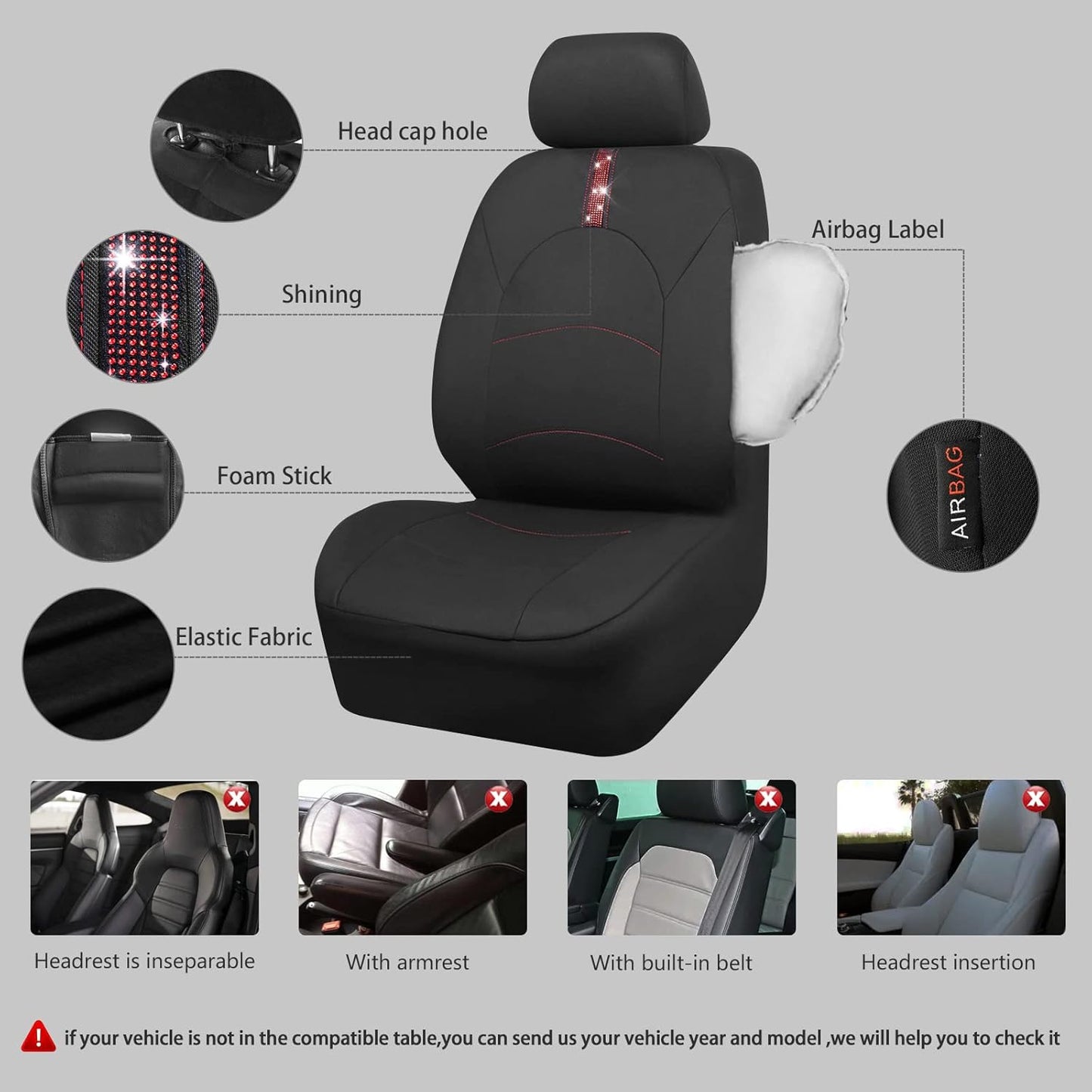 CAR Pass Universal Fit Cloth with Glorious Rhinestones Car Seat Covers Rear Split Bench Airbag Compatible Fit for Car, SUV, Sedan (Red, 9 Pieces)