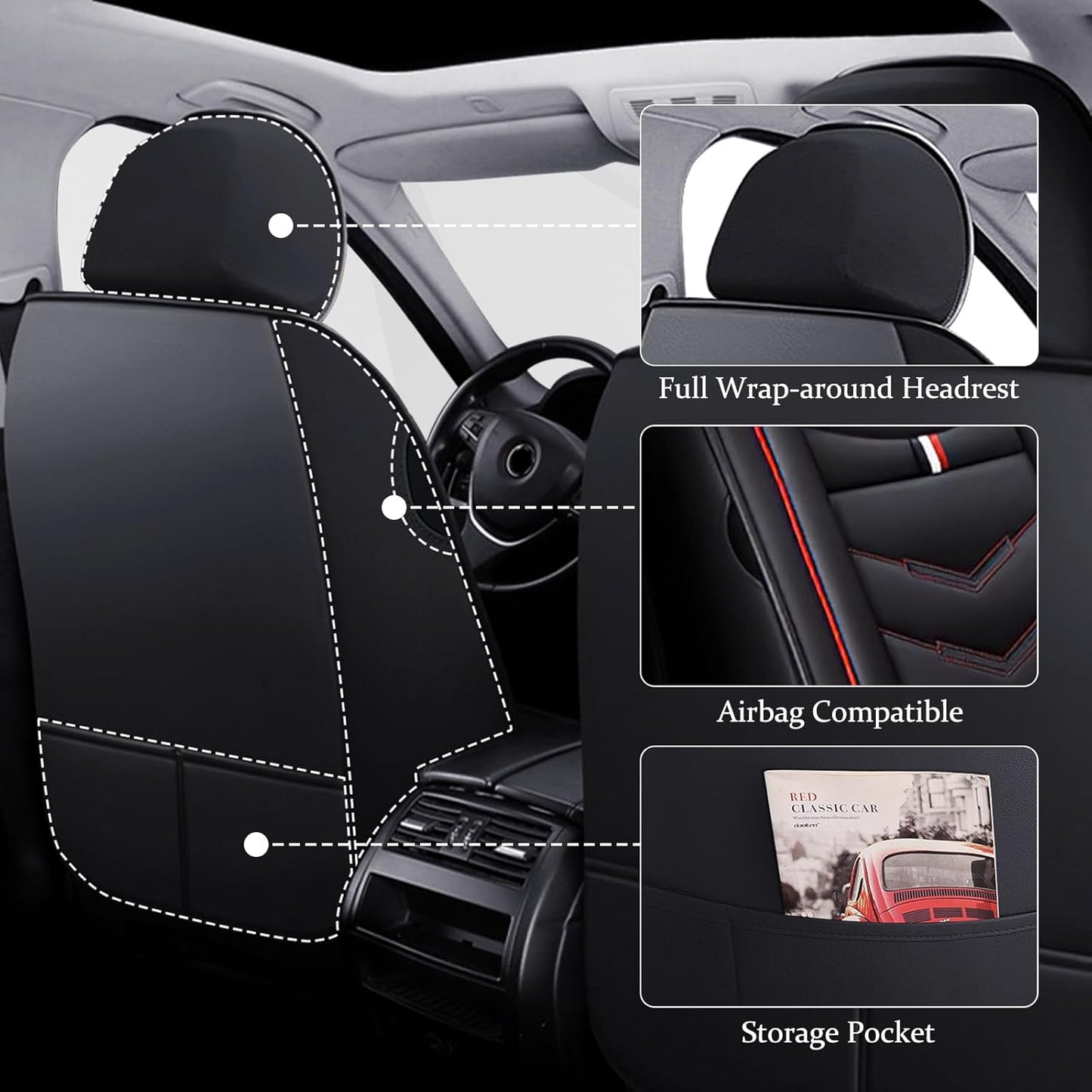 Seat Cover for GMC Canyon 2004-2024, Waterproof Durable Compatible Airbag, Premium Leather Seat Protector(2 Seats Standard,Black Red)