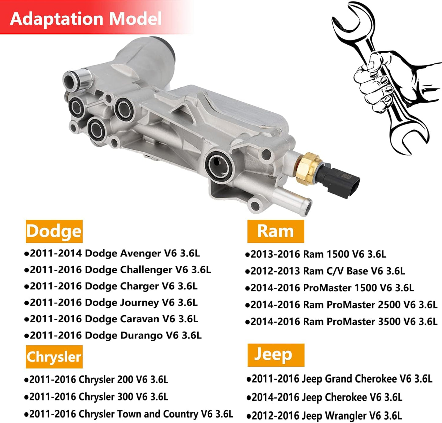 GEATaaT 926-876 Aluminum Engine Oil Cooler and Oil Filter Housing Adapter Assembly For 2011-2016 Chrysler 200 300, Dodge Charger, Grand Cherokee, Wrangler 3.6L V6 Replace#5184304AE 926-959