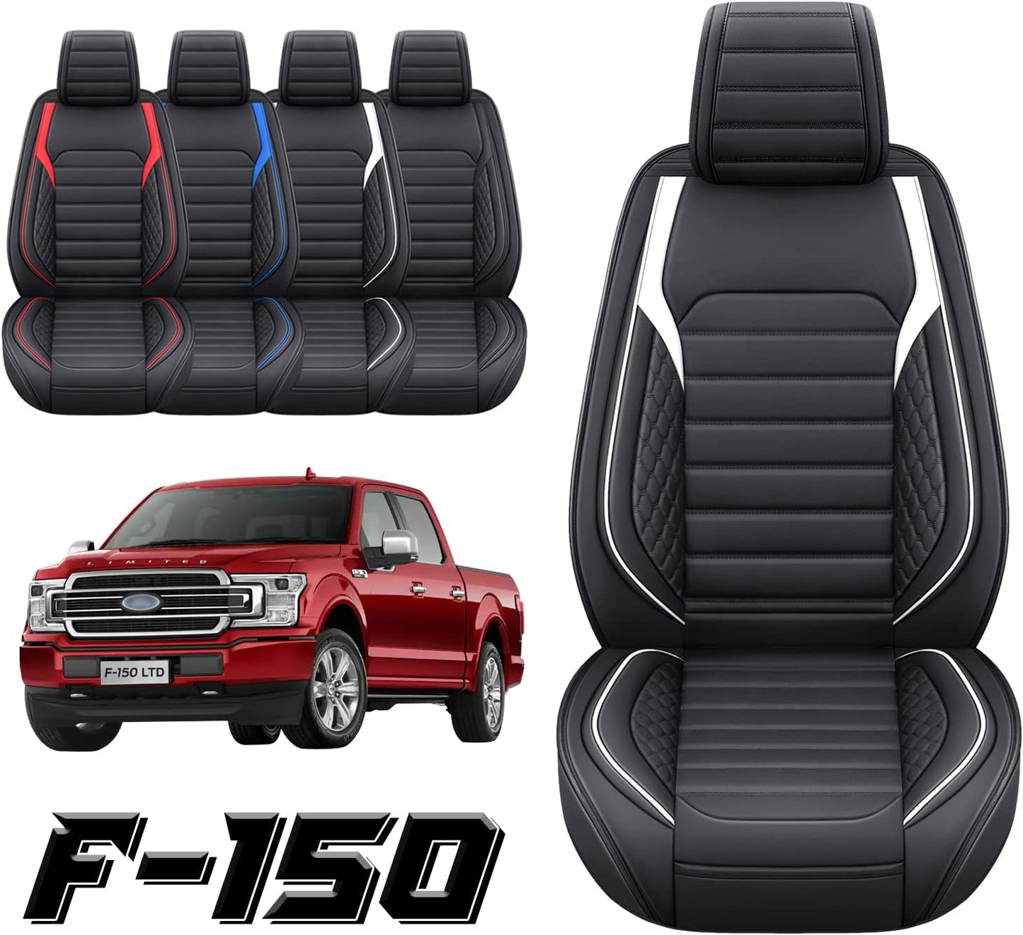 YIERTAI Seat Covers Compatible with Ford F150 for 2009-2023 2024 2025 F-150 2017-2025 F250 F350 F450 King Ranch Supercrew Crew Cab Limited Lariat Truck Leather TSWKM Style(2 PCS Front/Black-White)