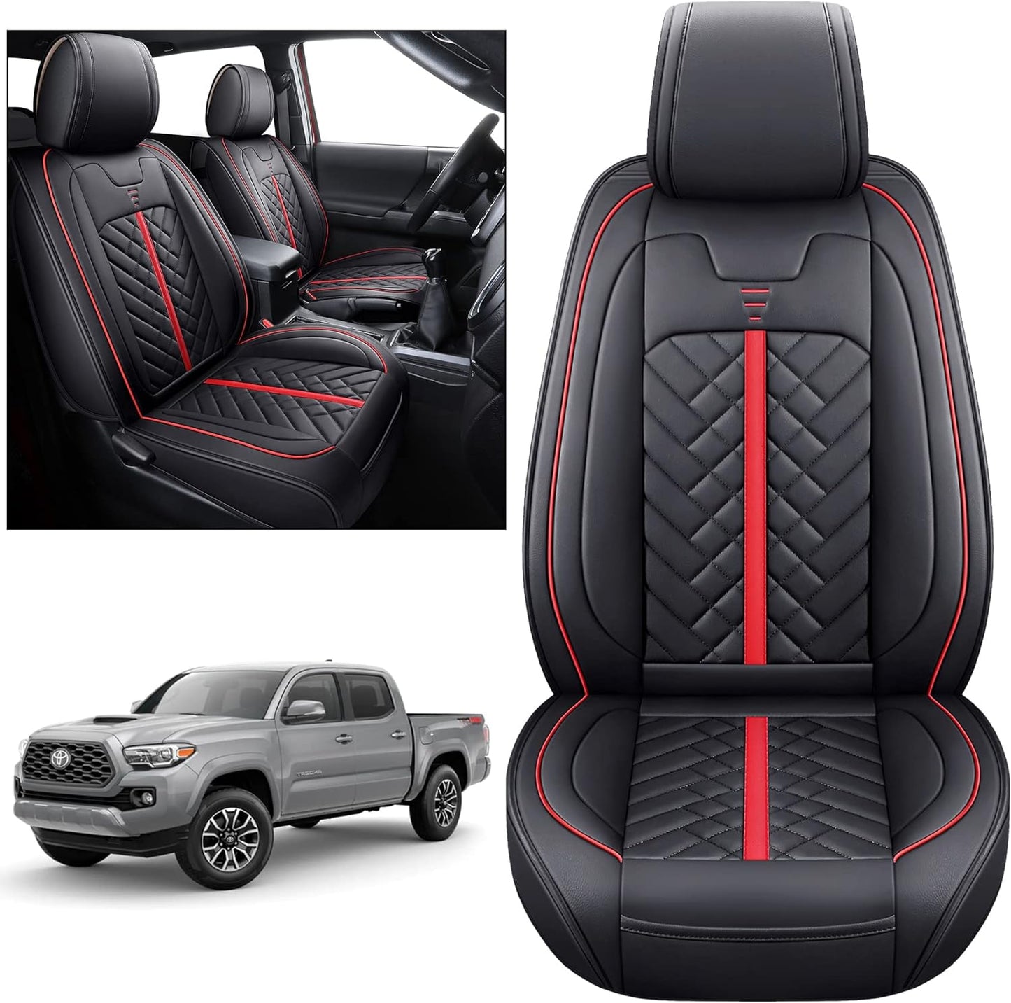 Tomatoman Toyota Tacoma Rear Seat Covers 2005-2024 2025 TRD Sport Off Road Limited SR5 V6 Crew Double Extended Cab Truck Airbag Compatible Back Car Cushions with Faux Leather(Rear Seat/Black-Red)