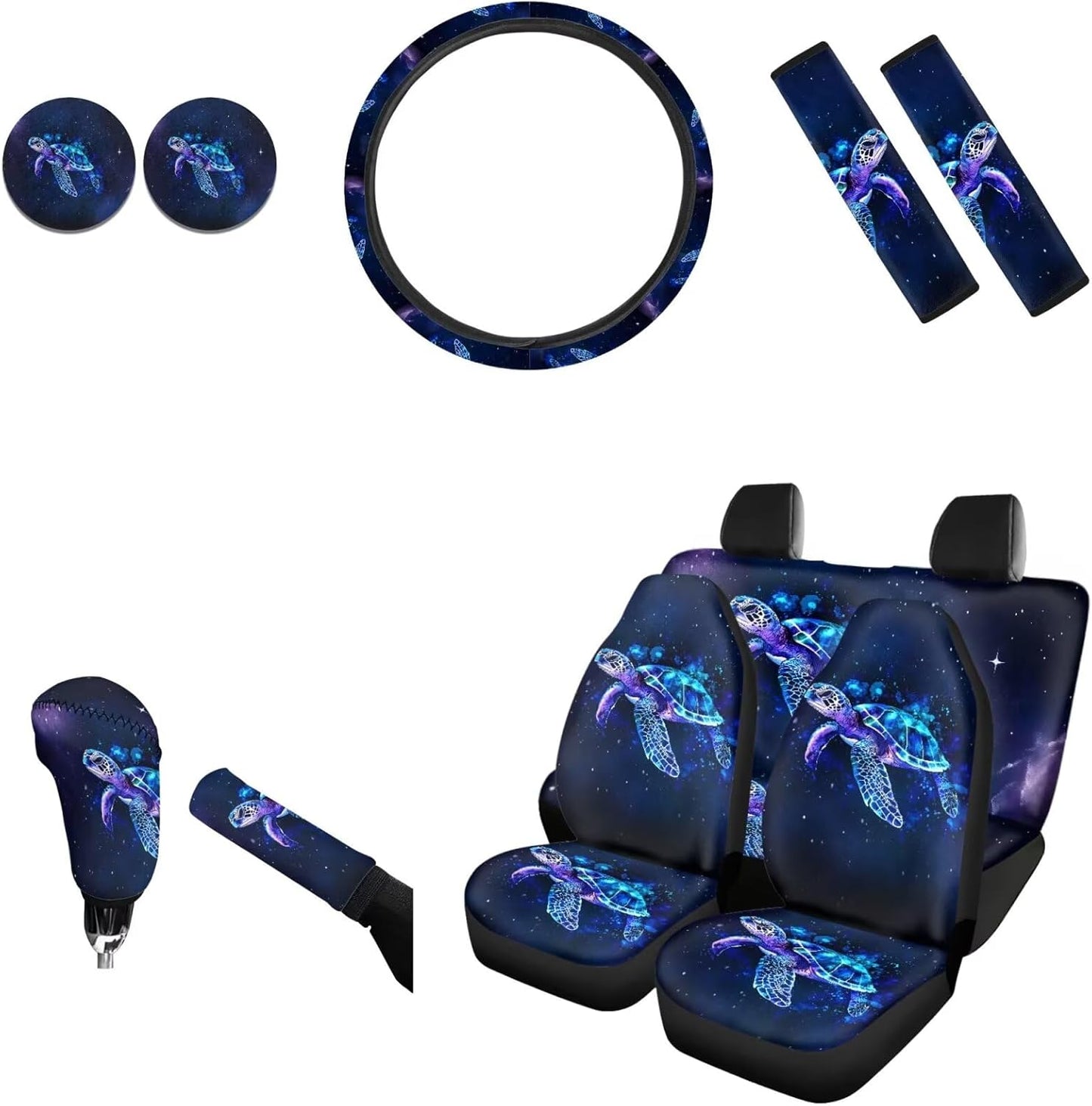 AFPANQZ Nebula Galaxy Car Seat Covers with Steering Wheel Cover, Seat Belt Shoulder Pads, Cup Holder Coasters, Gear Shift Knob and Handbrake Protector Cushion Full Set of 11 for Men Women Gift Navy