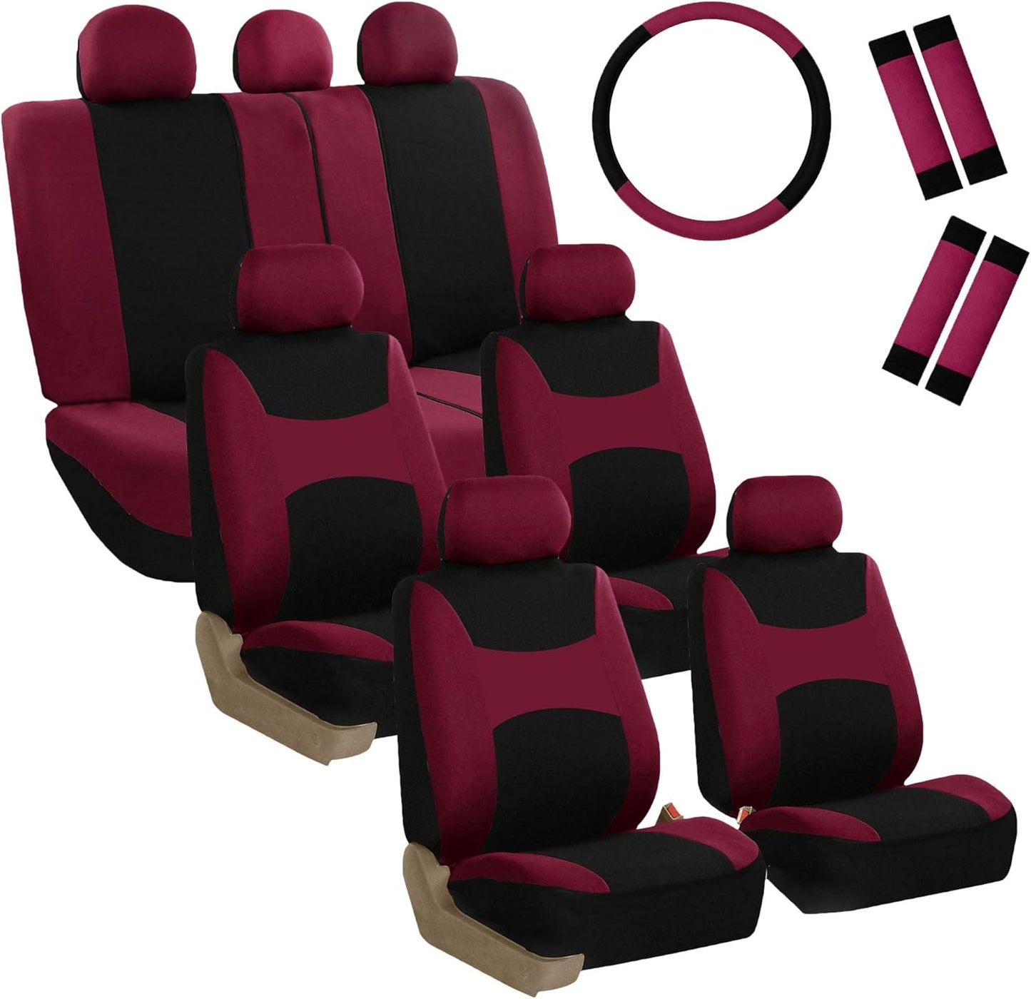 FH Group Light & Breezy Cloth Car Seat Covers, 7 Seater Three Row Set- Airbag & Split Ready -Universal for Cars Trucks and SUVs Beige/Black