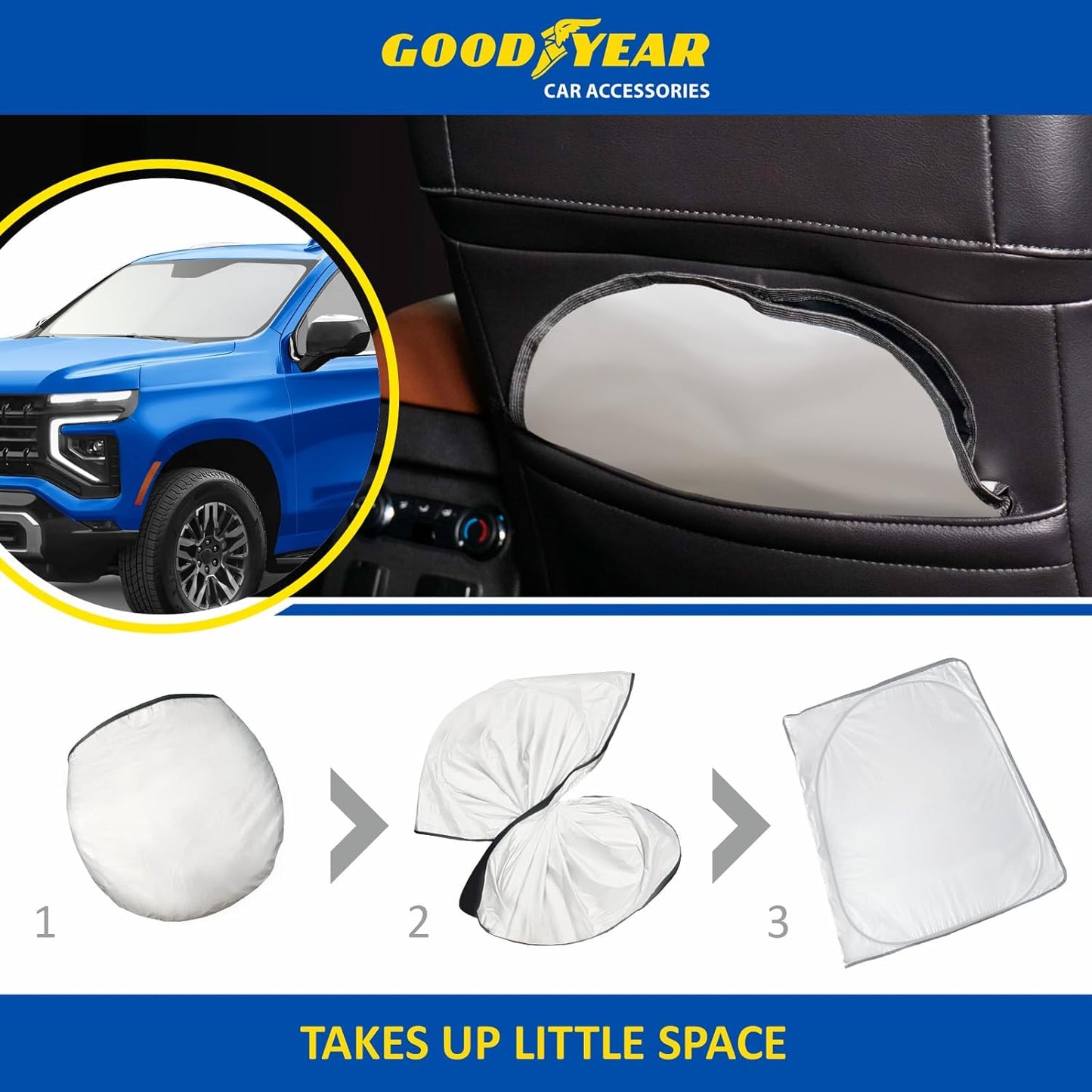 Goodyear Foldable Windshield Sunshade for Chevrolet (Chevy) Tahoe 2021-2025, SUV car Accessories, Sunshade Cover, Sun Shade Car Windshield, Window Sun Blocker - GY008221